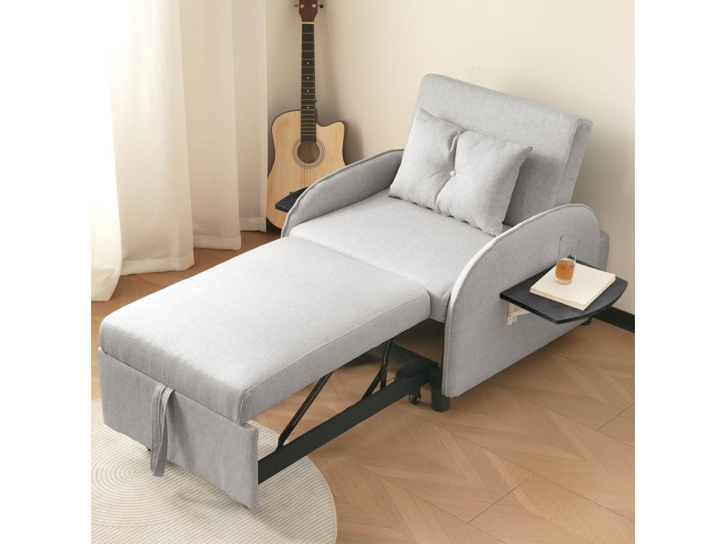 Sofa 1-osobowa z funkcją spania i składanym stołem - 123 (73) x 78 x 167 cm - Tkanina lniana - Jasnoszary