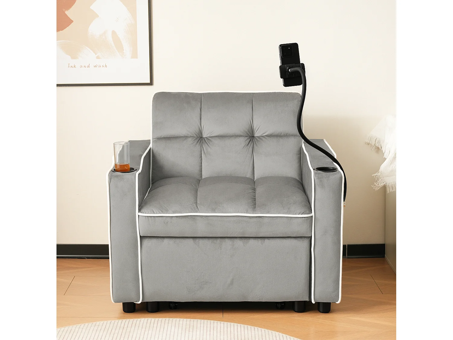 Canapé convertible 1 place avec porte-gobelets et support de téléphone - 83 x 75 x 167 cm - Velours - Gris