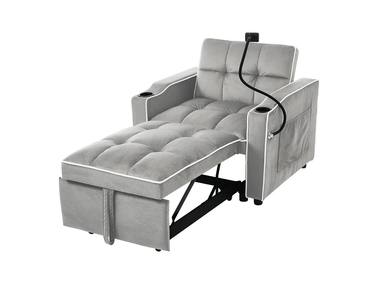 Canapé convertible 1 place avec porte-gobelets et support de téléphone - 83 x 75 x 167 cm - Velours - Gris