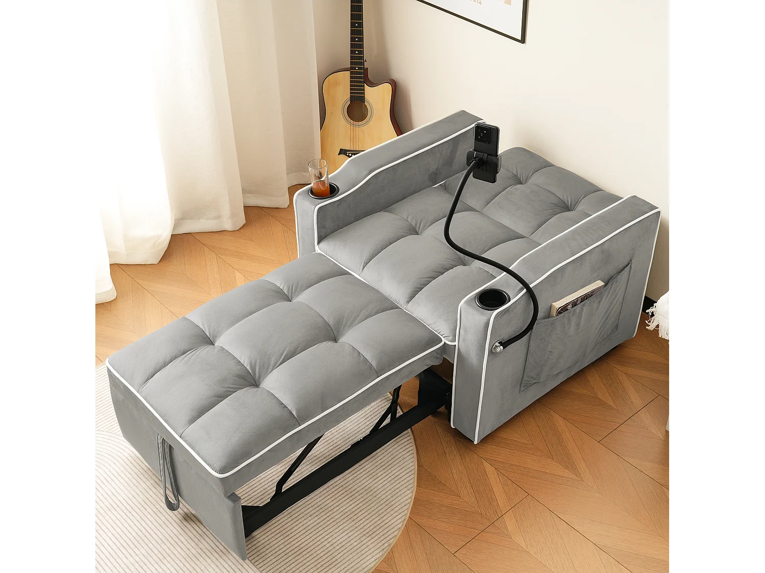 Canapé convertible 1 place avec porte-gobelets et support de téléphone - 83 x 75 x 167 cm - Velours - Gris