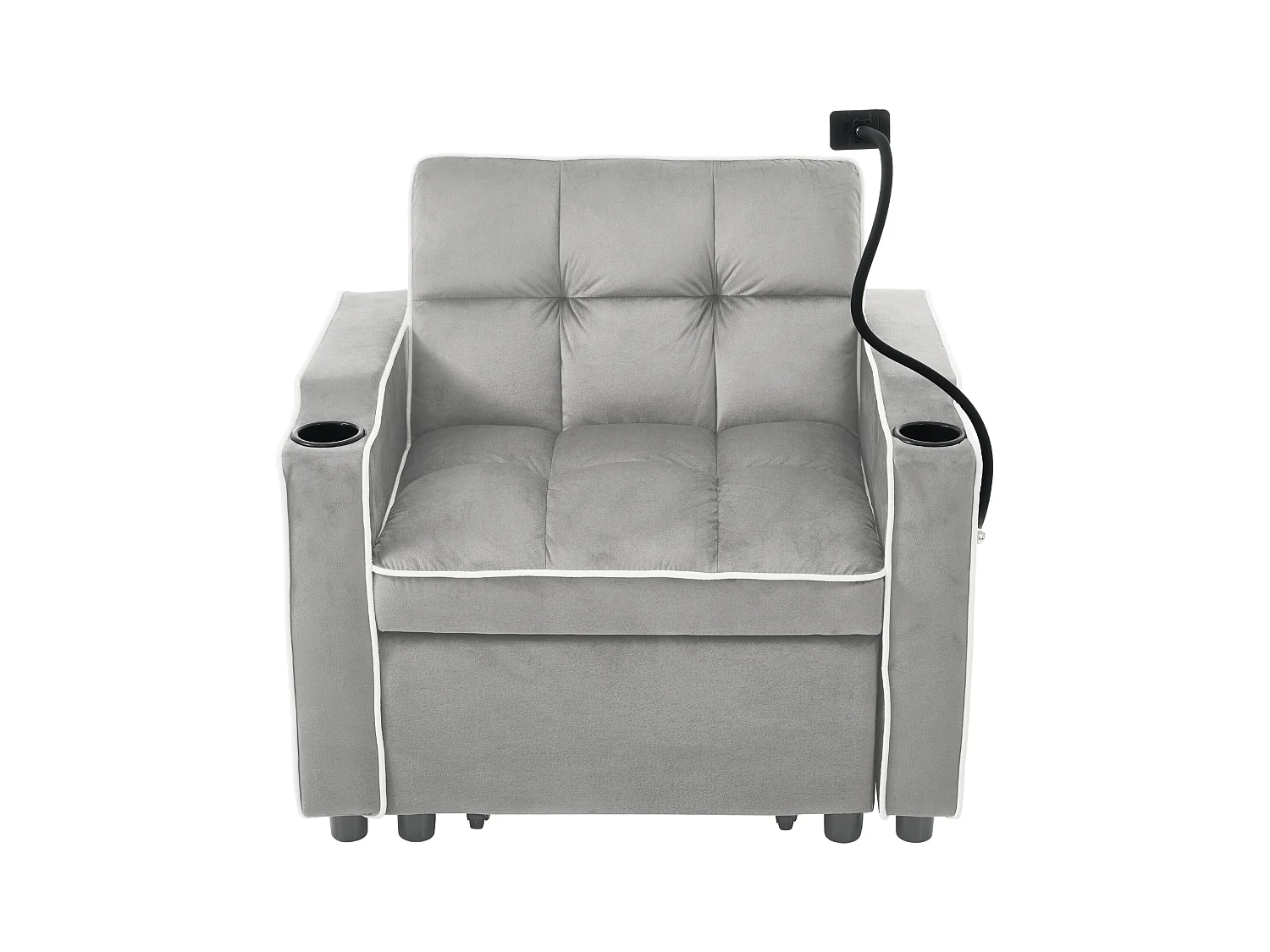 Canapé convertible 1 place avec porte-gobelets et support de téléphone - 83 x 75 x 167 cm - Velours - Gris