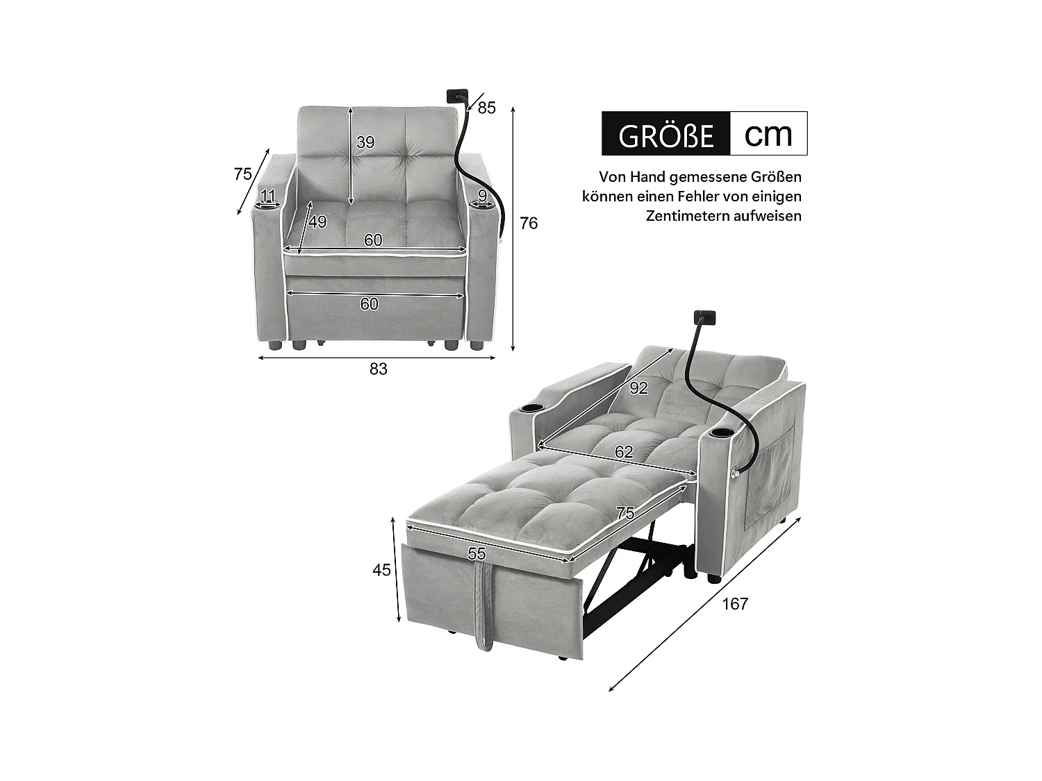 Canapé convertible 1 place avec porte-gobelets et support de téléphone - 83 x 75 x 167 cm - Velours - Gris