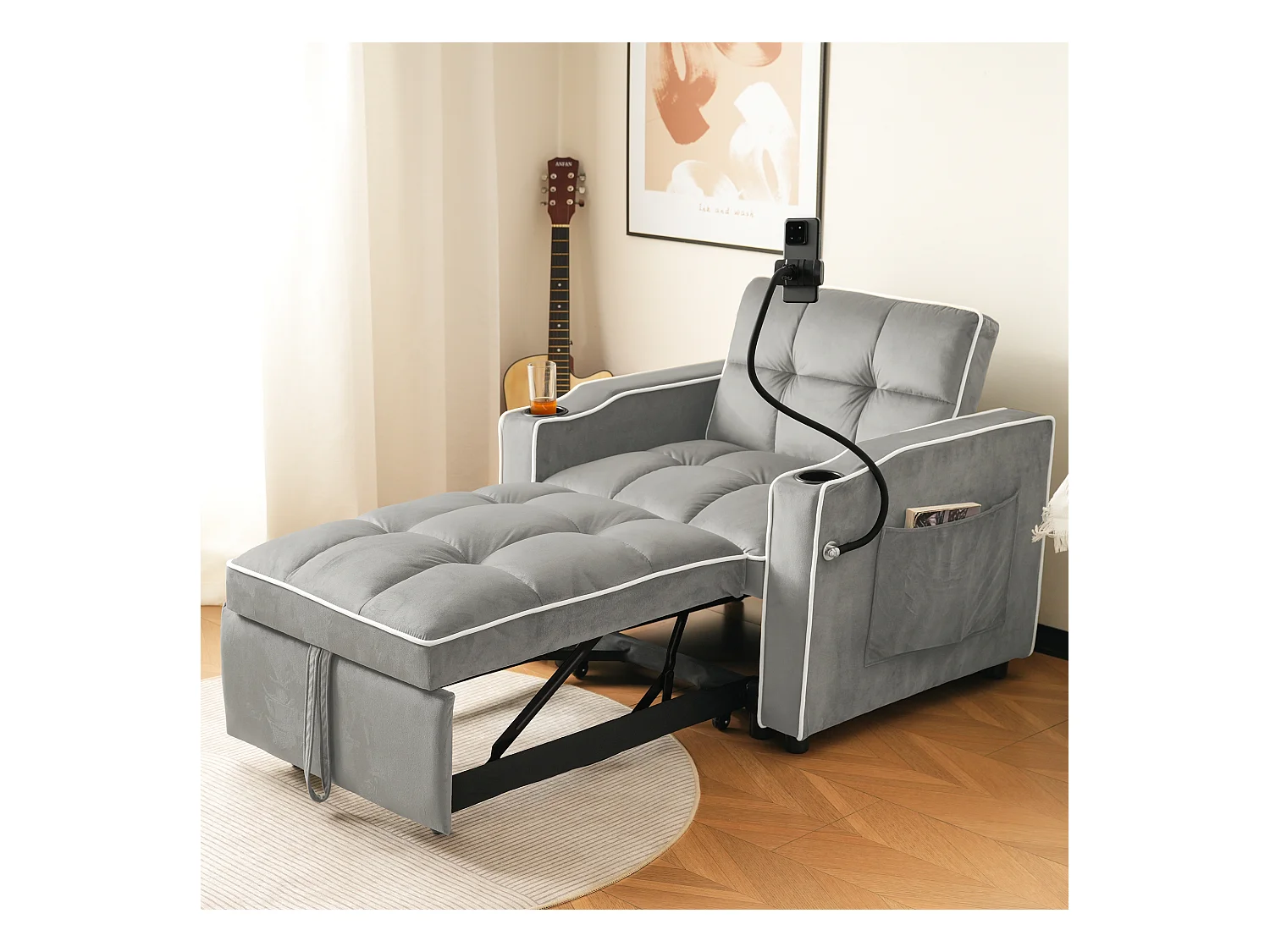1-Sitzer-Schlafsofa mit Getränkehaltern und Telefonhalter - 83 x 75 x 167 cm - Samt - Grau