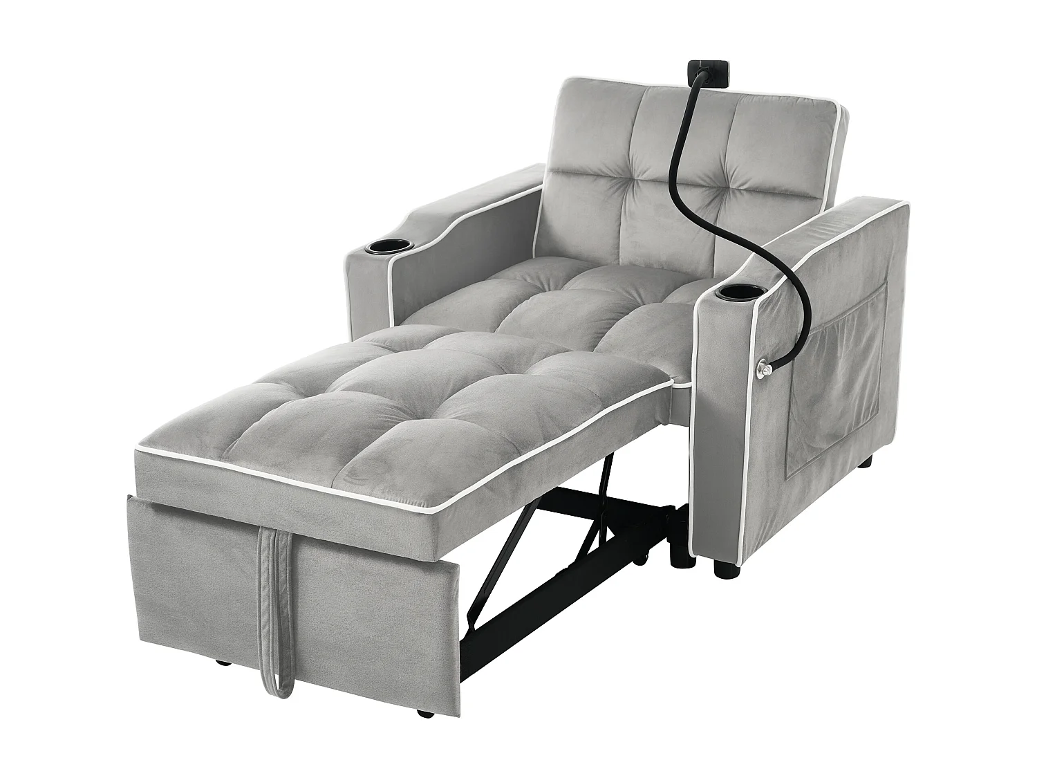Canapé convertible 1 place avec porte-gobelets et support de téléphone - 83 x 75 x 167 cm - Velours - Gris