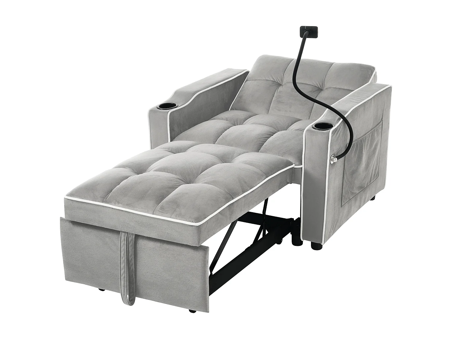 Canapé convertible 1 place avec porte-gobelets et support de téléphone - 83 x 75 x 167 cm - Velours - Gris