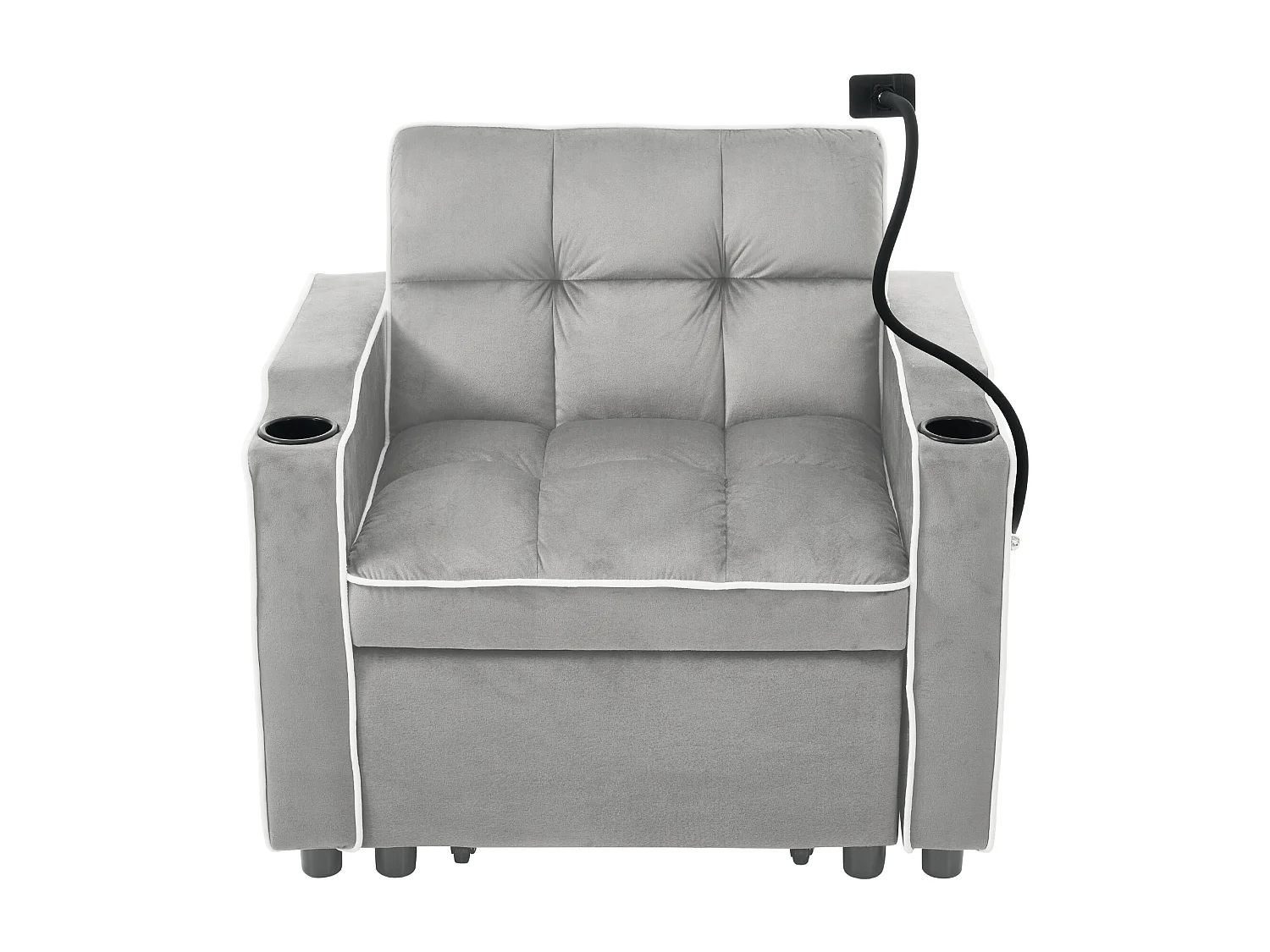 Canapé convertible 1 place avec porte-gobelets et support de téléphone - 83 x 75 x 167 cm - Velours - Gris