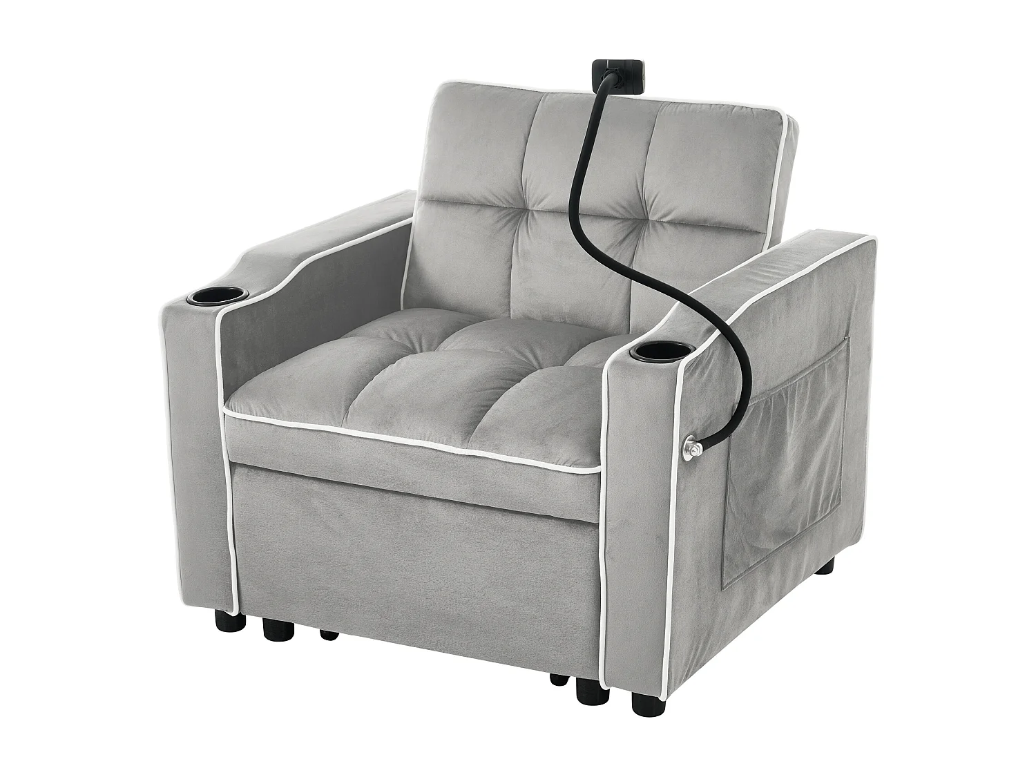 Canapé convertible 1 place avec porte-gobelets et support de téléphone - 83 x 75 x 167 cm - Velours - Gris