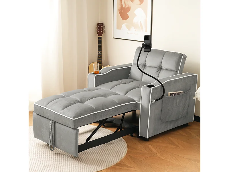 1-zits slaapbank met bekerhouders en telefoonhouder - 83 x 75 x 167 cm - Fluweel - Grijs