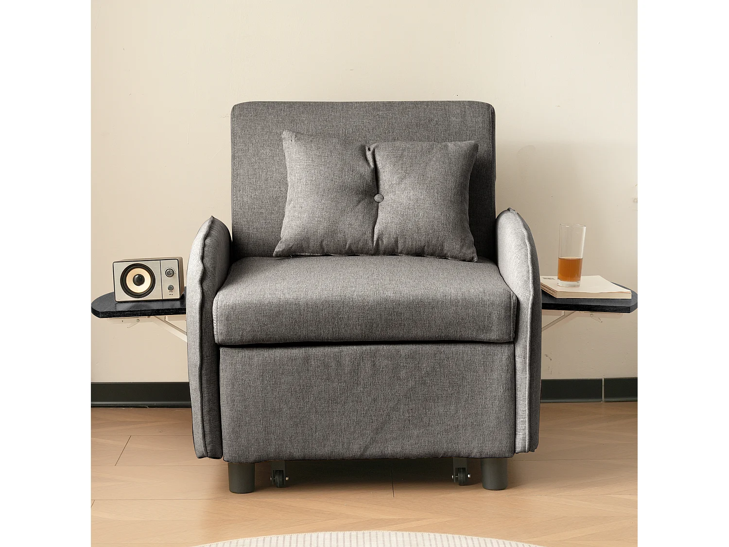 Sofá-cama de 1 lugar com mesa dobrável - 123 (73) x 78 x 167 cm - Tecido de linho - Cinza escuro