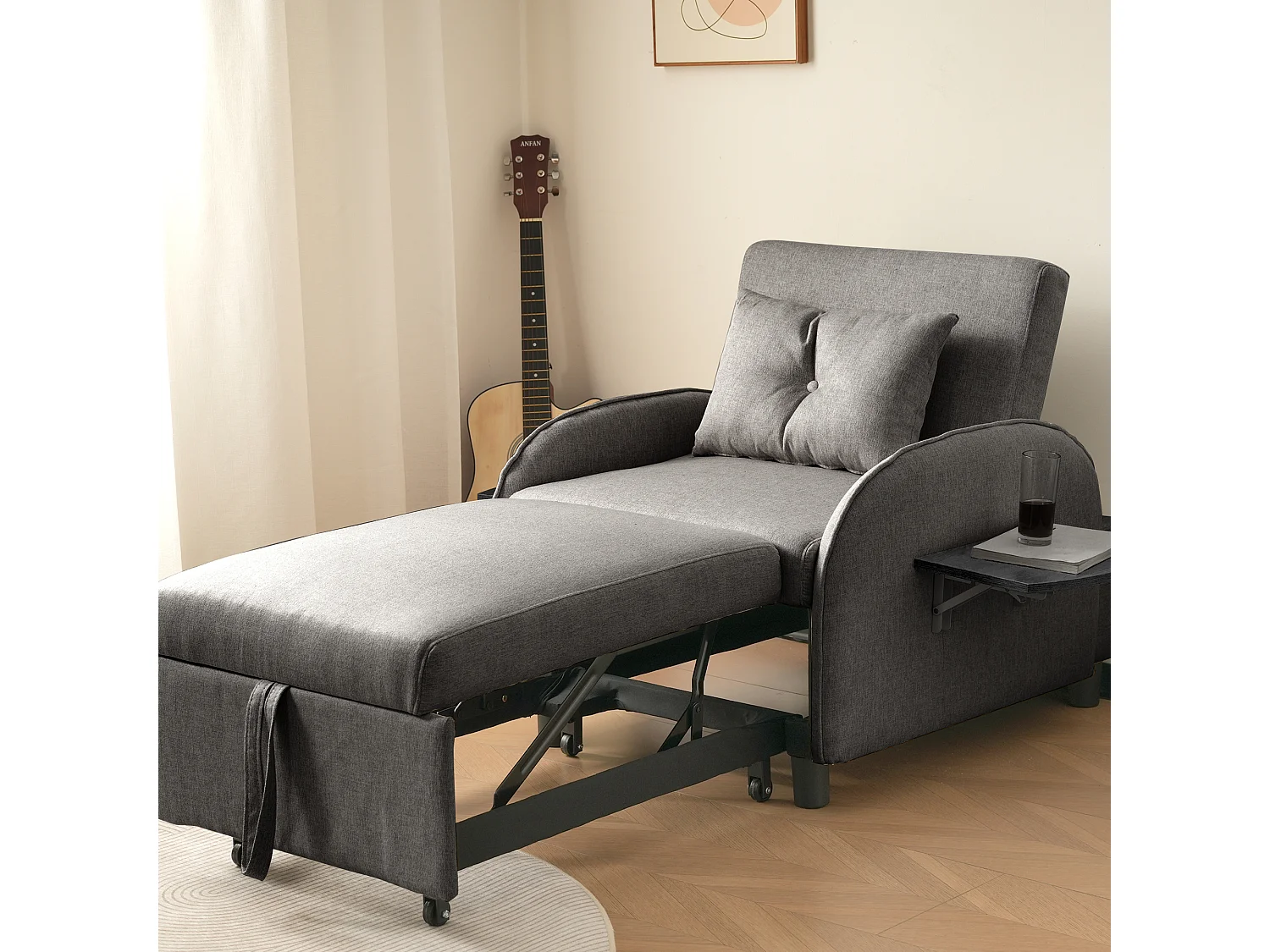 Sofá-cama de 1 lugar com mesa dobrável - 123 (73) x 78 x 167 cm - Tecido de linho - Cinza escuro