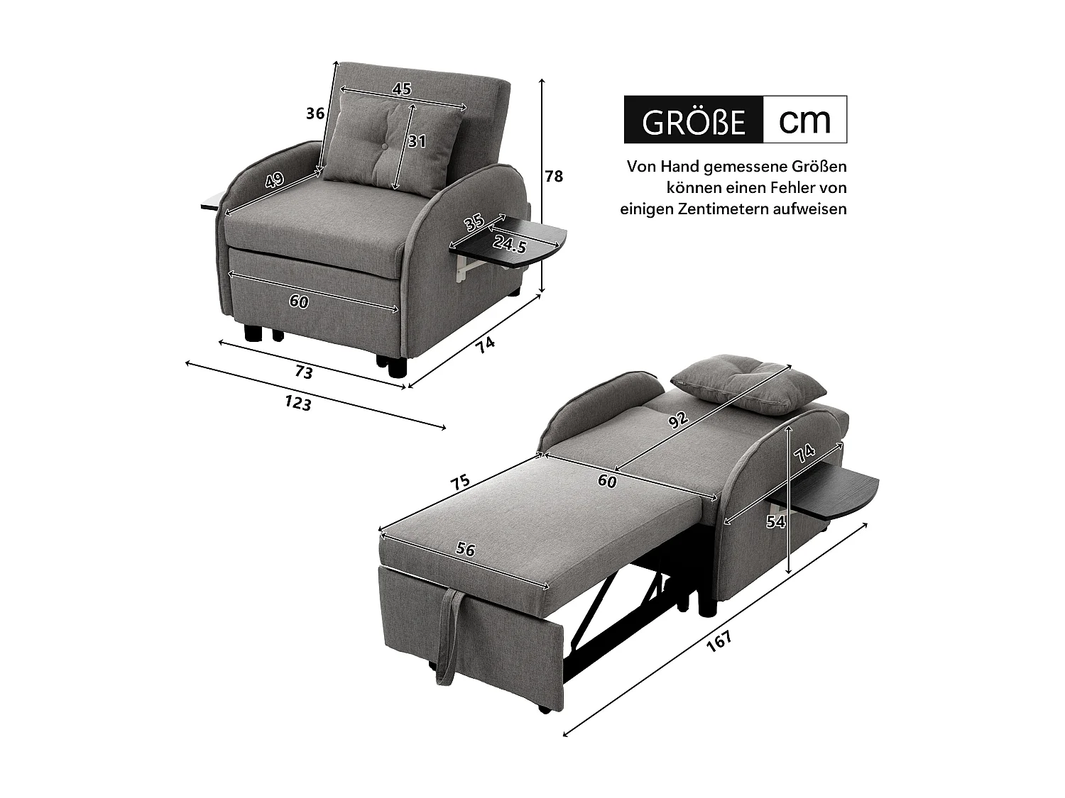 Sofá-cama de 1 lugar com mesa dobrável - 123 (73) x 78 x 167 cm - Tecido de linho - Cinza escuro