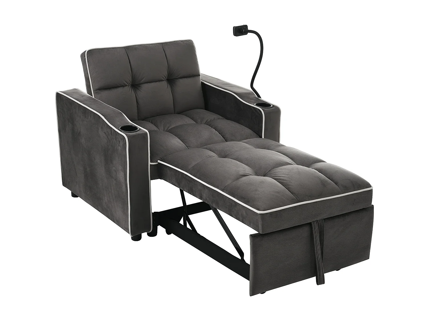 Canapé convertible 1 place avec porte-gobelets et support de téléphone - 83 x 75 x 167 cm - Velours - Gris foncé