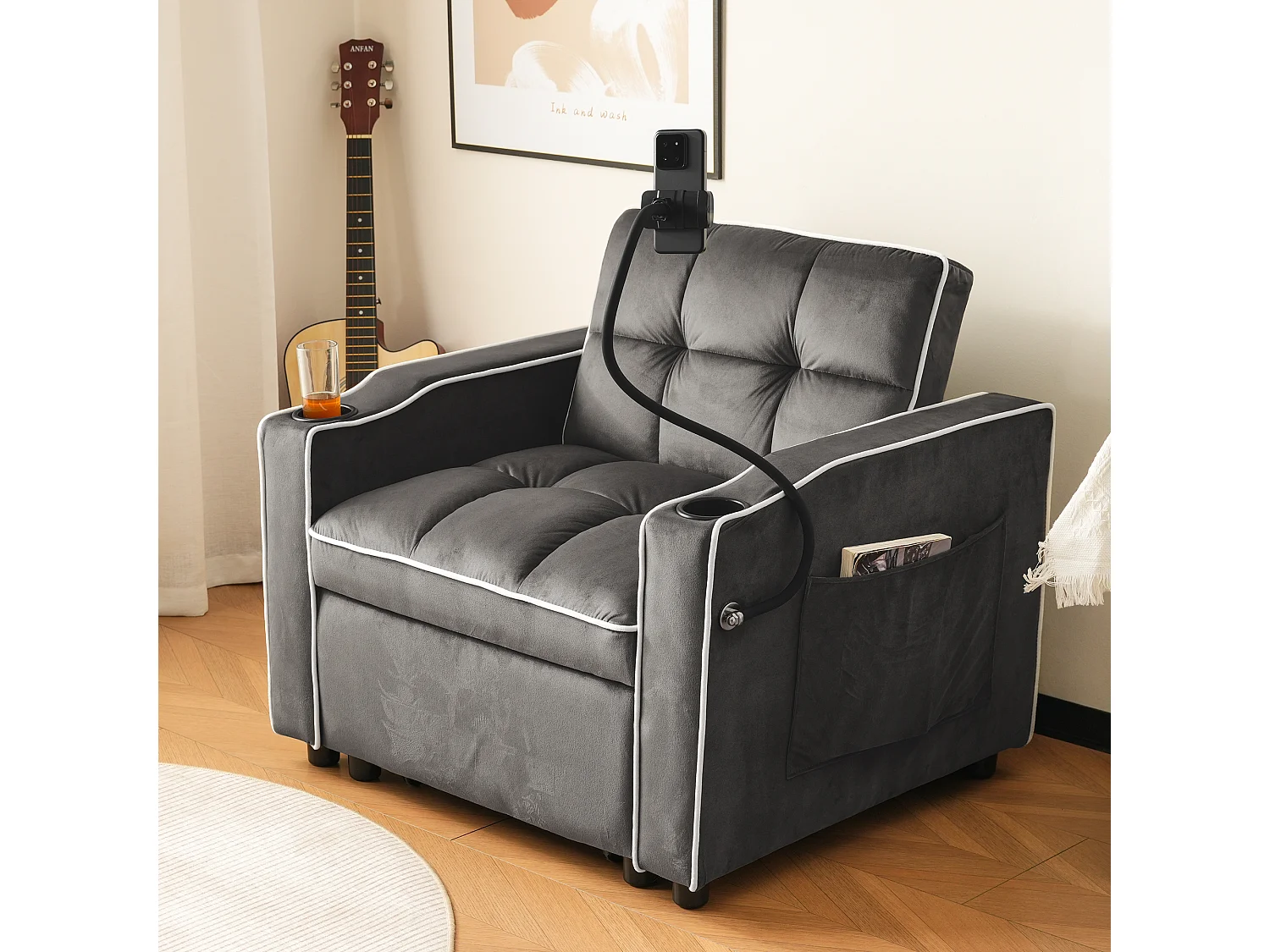 Canapé convertible 1 place avec porte-gobelets et support de téléphone - 83 x 75 x 167 cm - Velours - Gris foncé