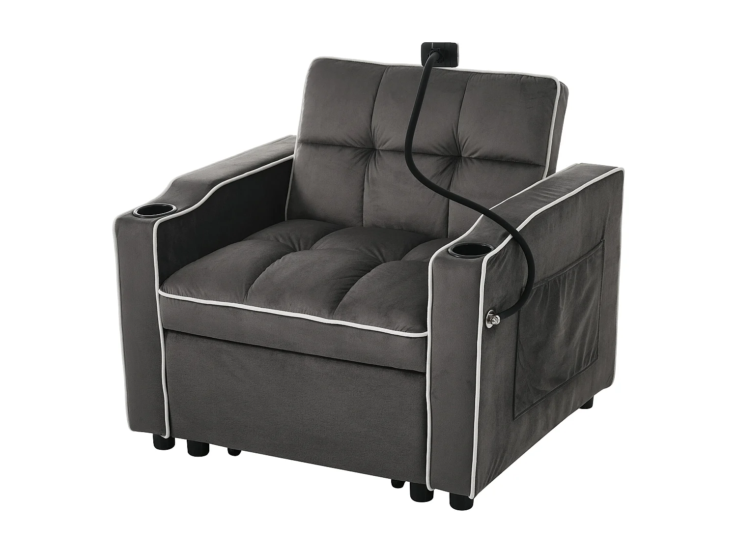 Canapé convertible 1 place avec porte-gobelets et support de téléphone - 83 x 75 x 167 cm - Velours - Gris foncé