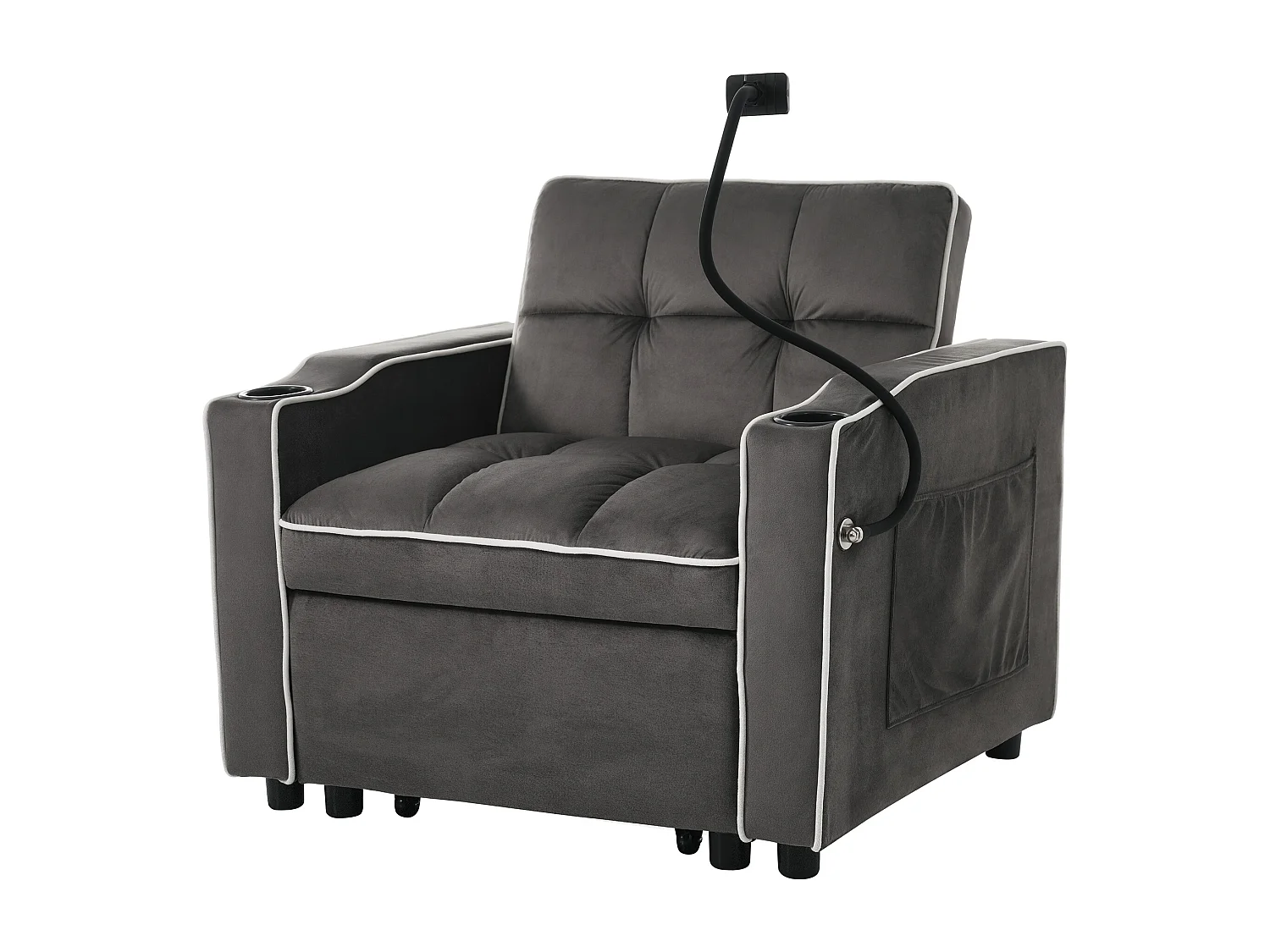 Canapé convertible 1 place avec porte-gobelets et support de téléphone - 83 x 75 x 167 cm - Velours - Gris foncé