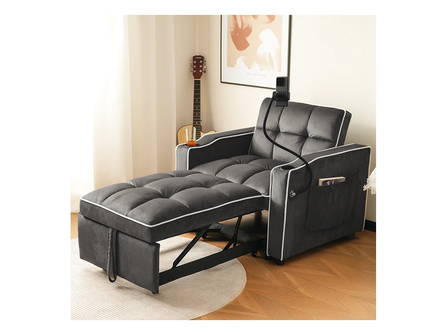 1-Sitzer-Schlafsofa mit Getränkehaltern und Telefonhalter - 83 x 75 x 167 cm - Samt - Dunkelgrau