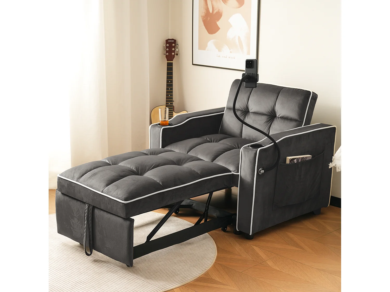 1-zits slaapbank met bekerhouders en telefoonhouder - 83 x 75 x 167 cm - Fluweel - Donkergrijs