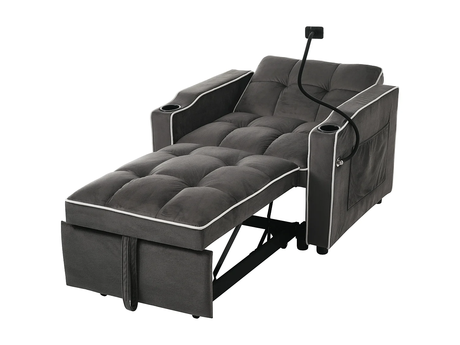 1-zits slaapbank met bekerhouders en telefoonhouder - 83 x 75 x 167 cm - Fluweel - Donkergrijs