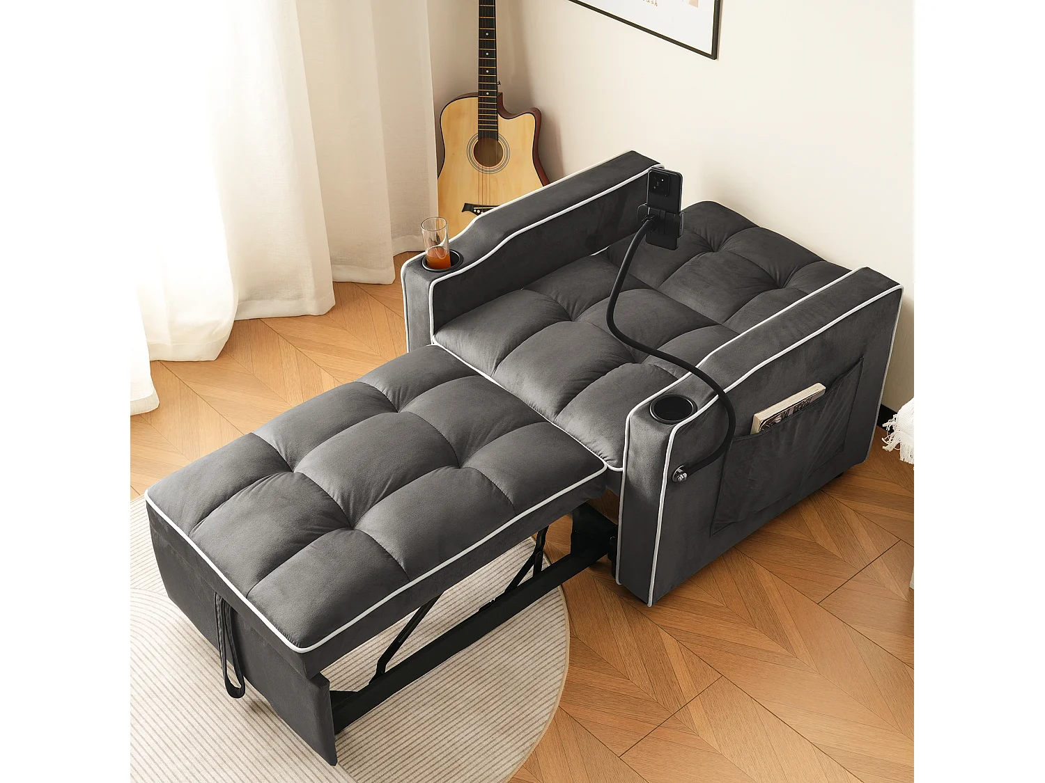 1-zits slaapbank met bekerhouders en telefoonhouder - 83 x 75 x 167 cm - Fluweel - Donkergrijs