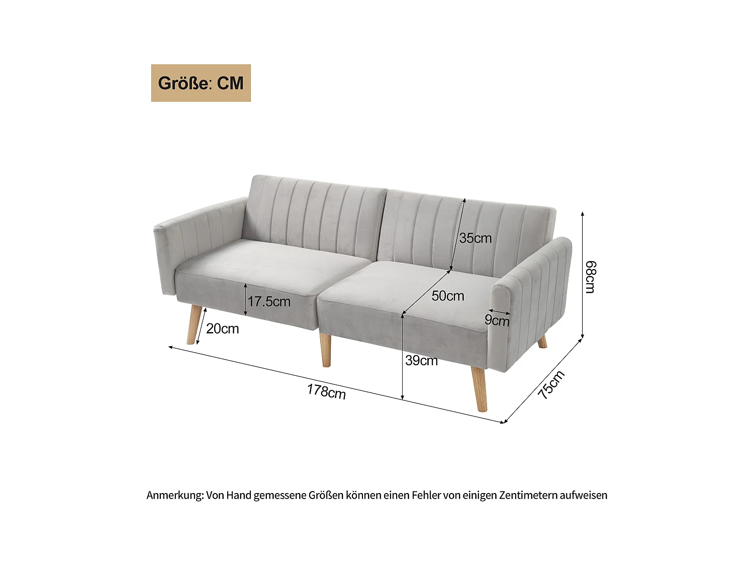 2-zits slaapbank met klik-klak in fluweel - 178 x 78 x 68 cm - Rubberhouten poten - Lichtgrijs