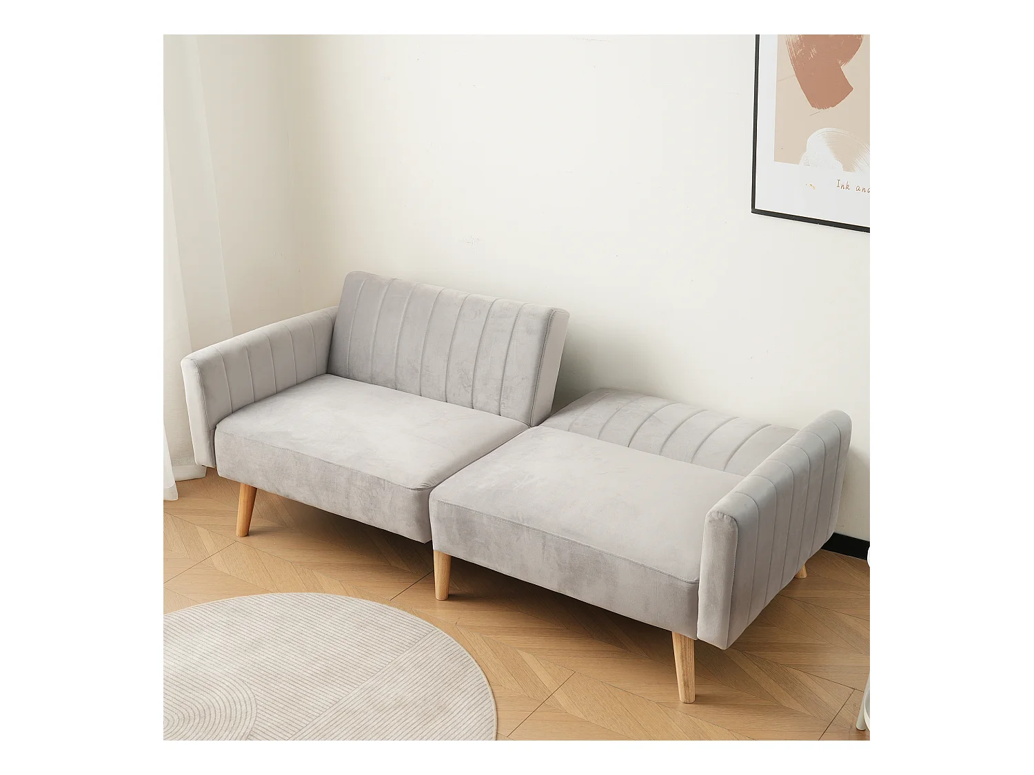 2-zits slaapbank met klik-klak in fluweel - 178 x 78 x 68 cm - Rubberhouten poten - Lichtgrijs