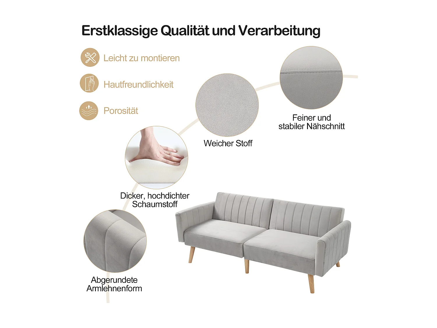 2-zits slaapbank met klik-klak in fluweel - 178 x 78 x 68 cm - Rubberhouten poten - Lichtgrijs