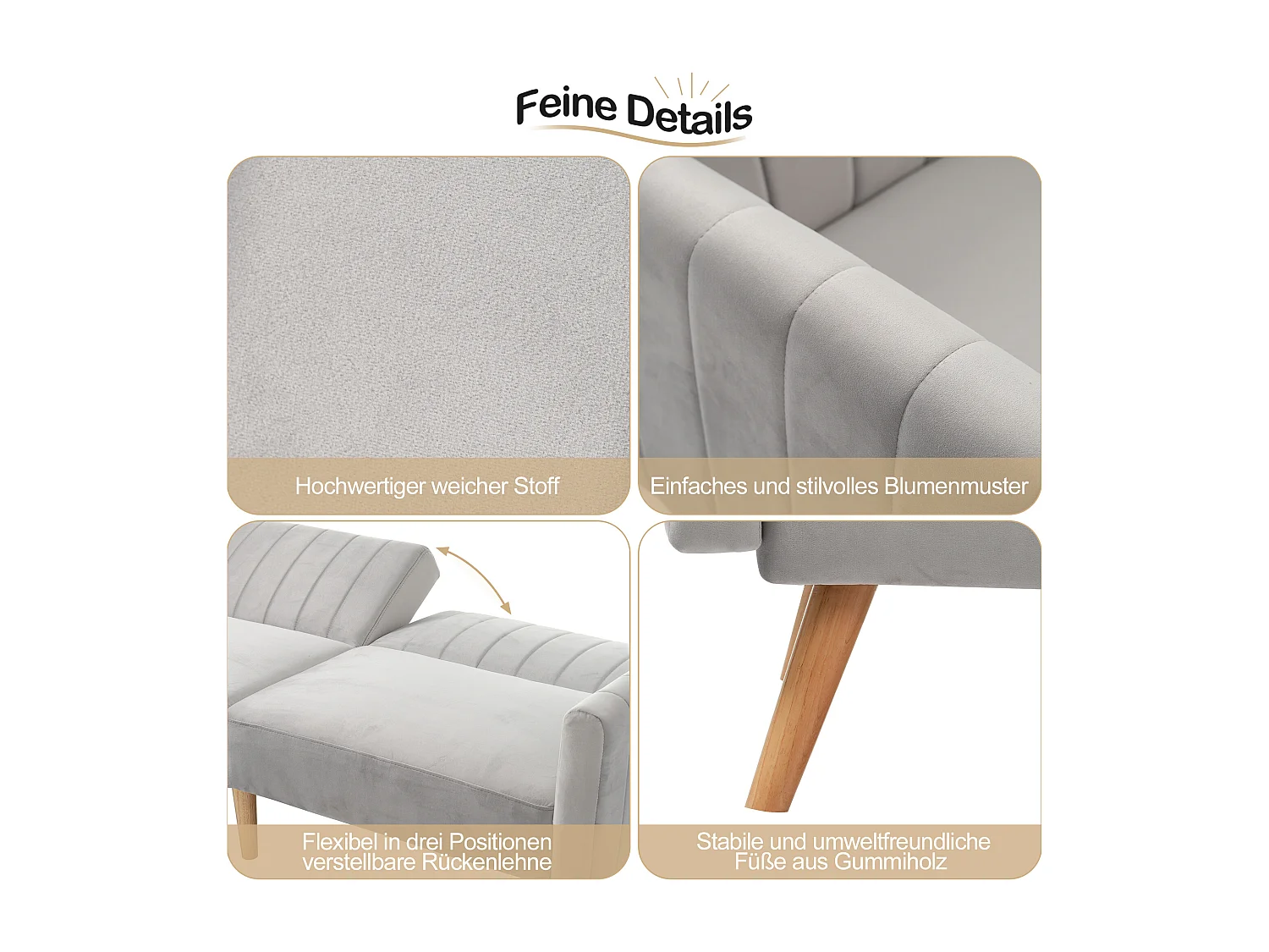 2-zits slaapbank met klik-klak in fluweel - 178 x 78 x 68 cm - Rubberhouten poten - Lichtgrijs