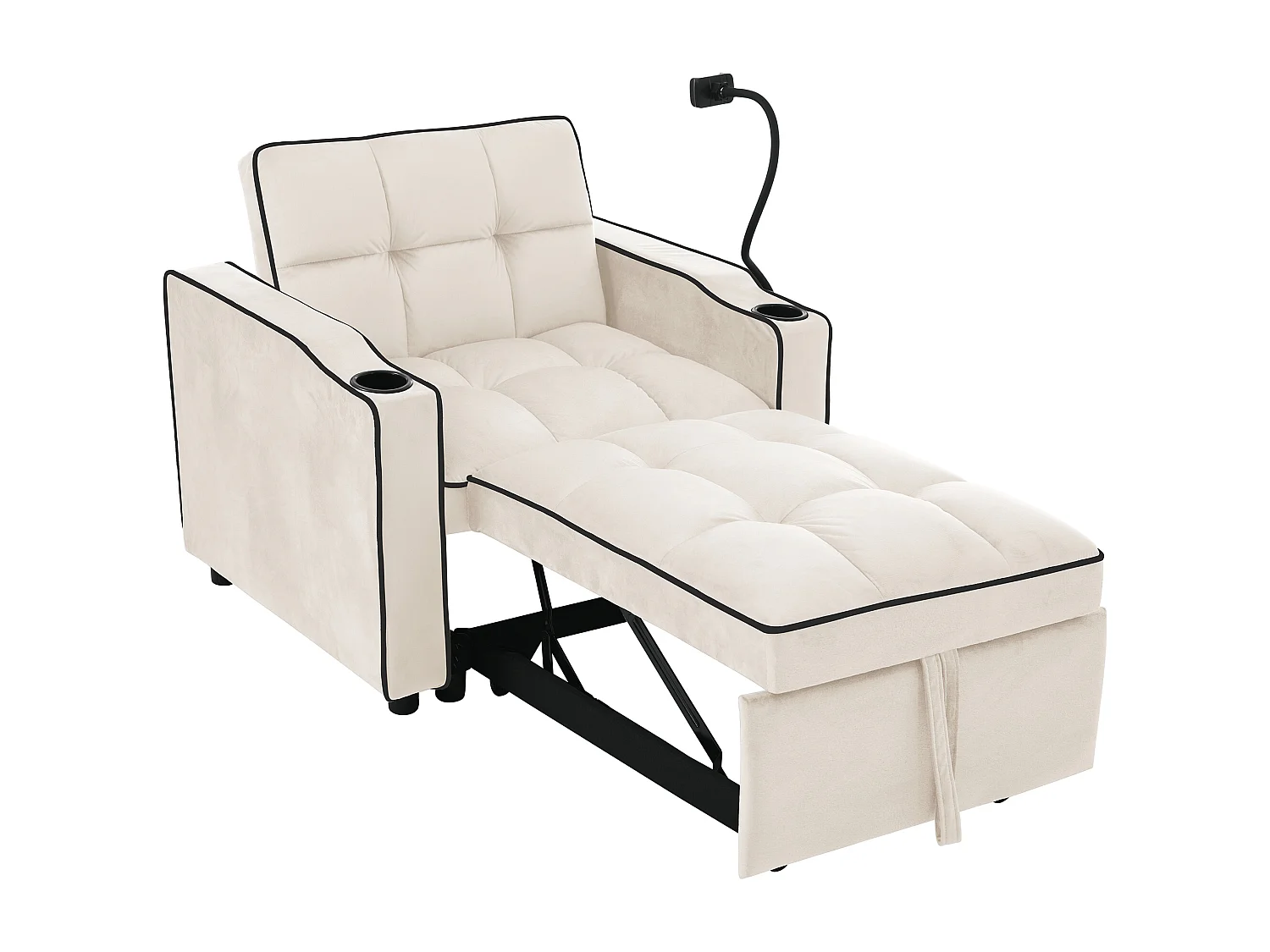 Canapé convertible 1 place avec porte-gobelets et support de téléphone - 83 x 75 x 167 cm - Velours - Beige