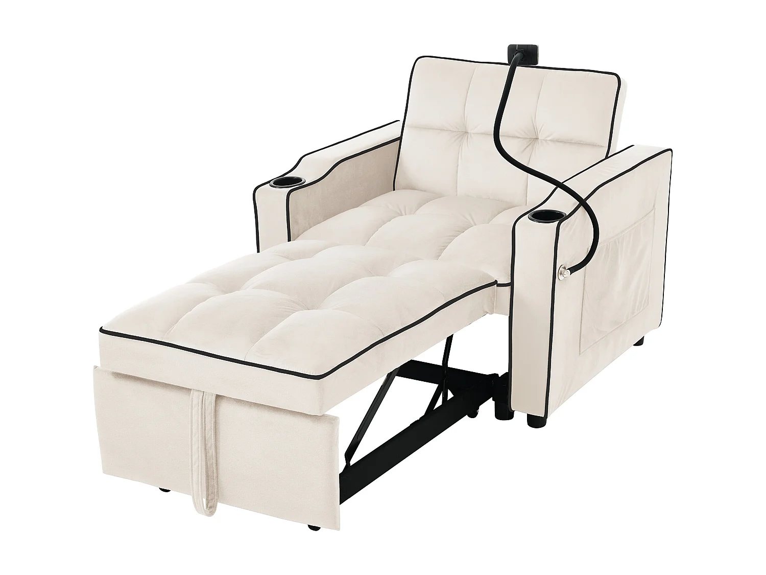 Canapé convertible 1 place avec porte-gobelets et support de téléphone - 83 x 75 x 167 cm - Velours - Beige