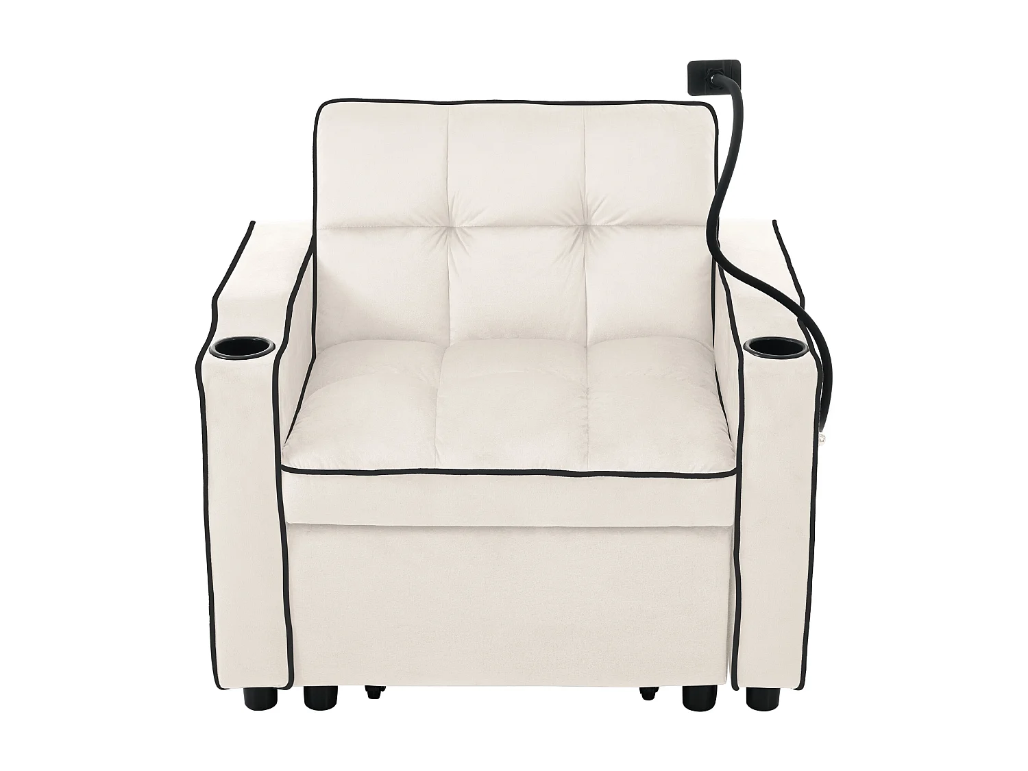 Divano letto 1 posto con portabicchieri e porta telefono - 83 x 75 x 167 cm - Velluto - Beige