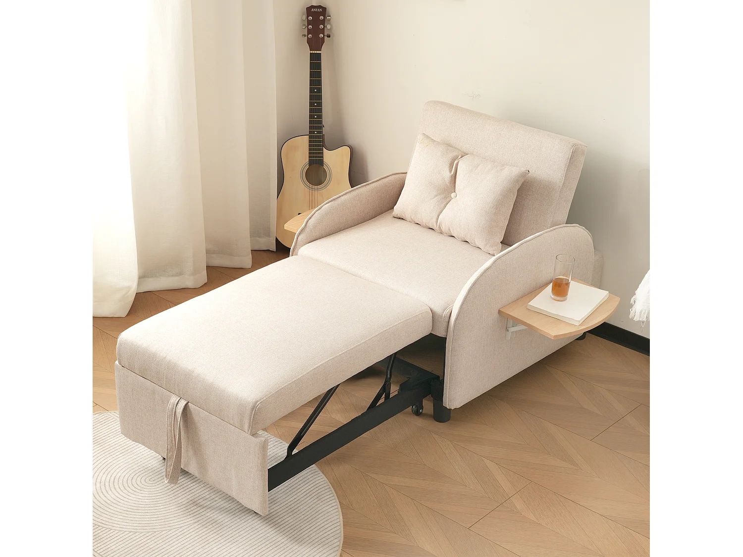 Canapé convertible 1 place avec table pliable - 123 (73) x 78 x 167 cm - Tissu en lin - Beige