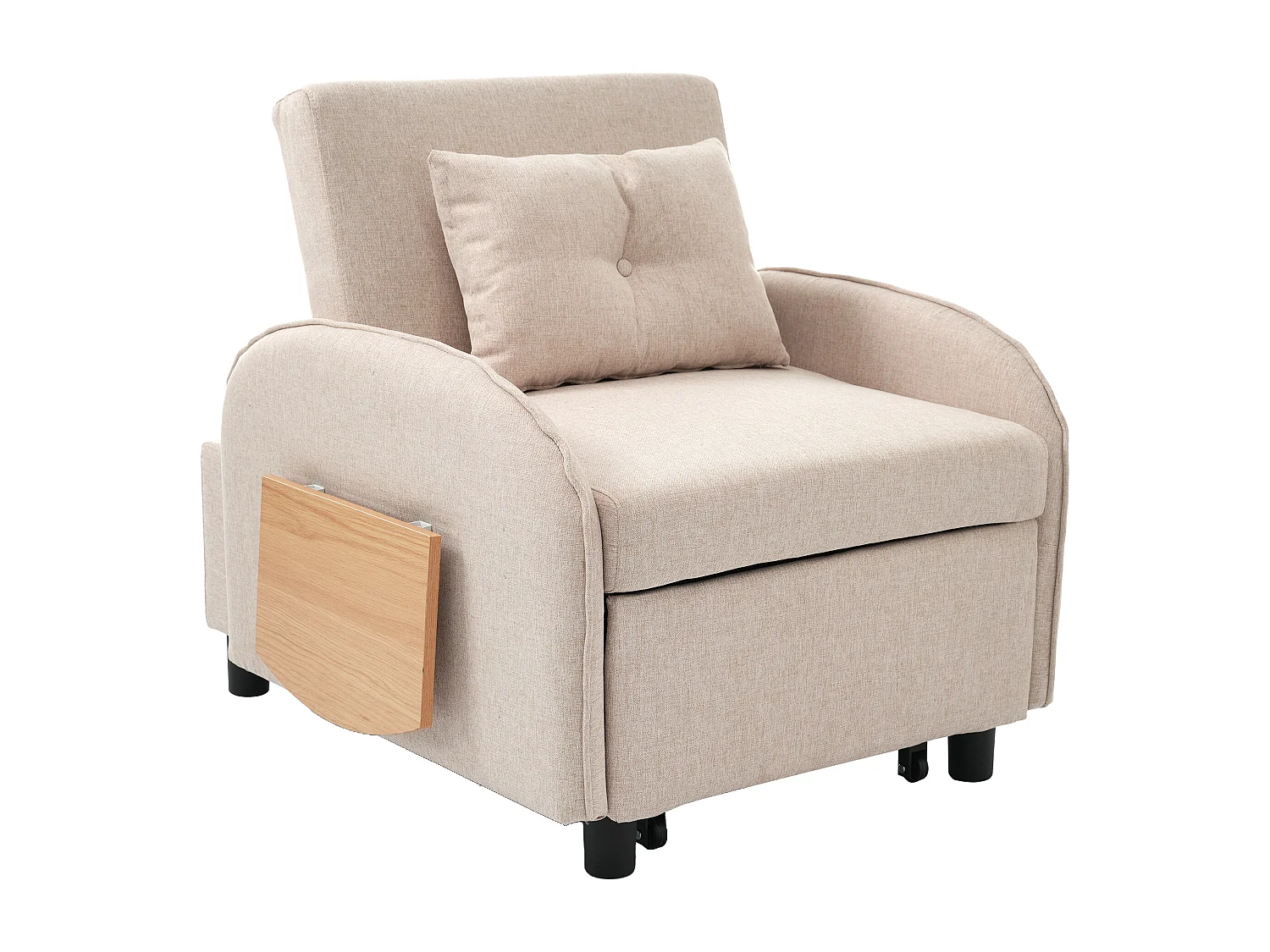 Canapé convertible 1 place avec table pliable - 123 (73) x 78 x 167 cm - Tissu en lin - Beige