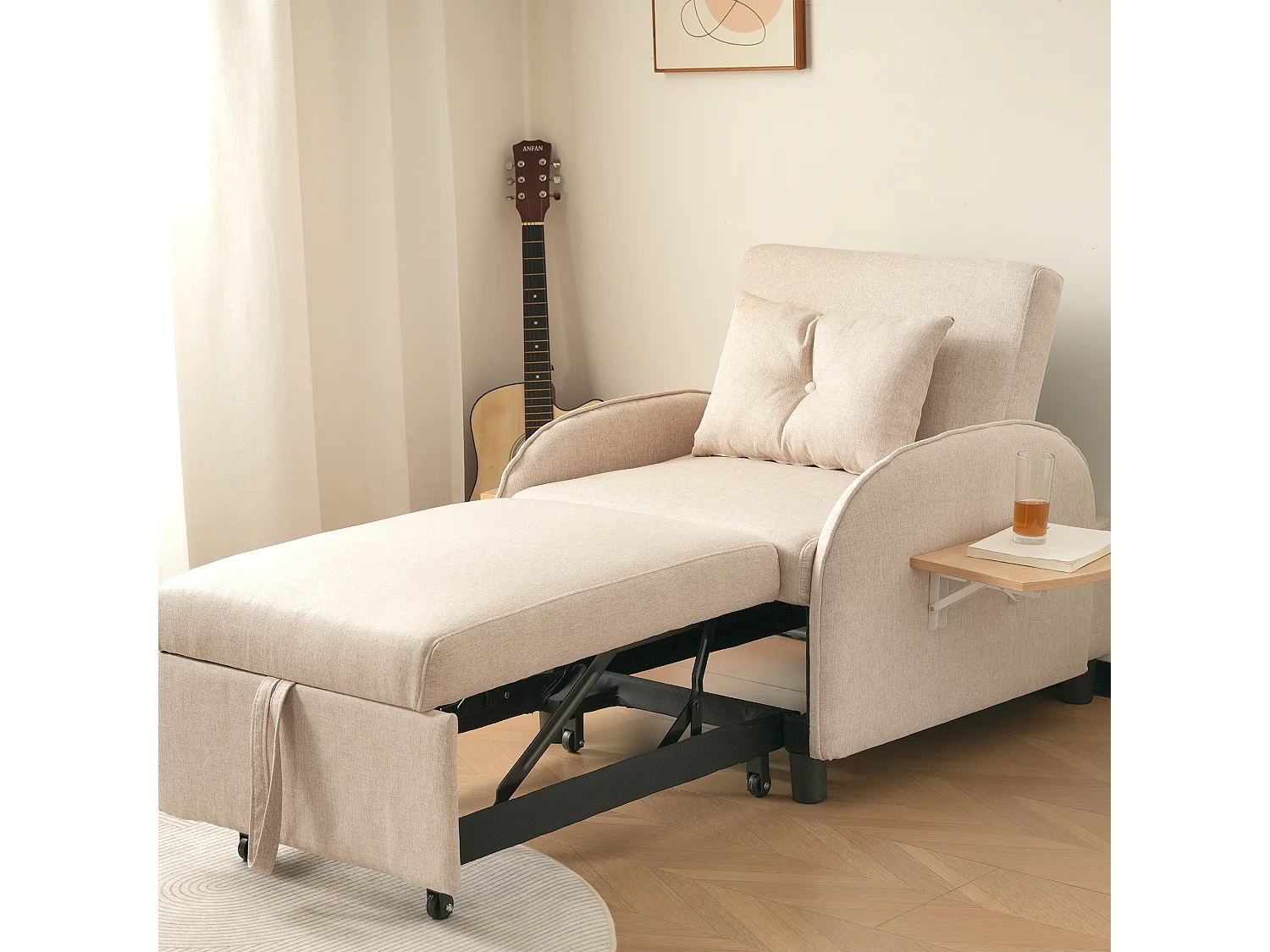 Canapé convertible 1 place avec table pliable - 123 (73) x 78 x 167 cm - Tissu en lin - Beige