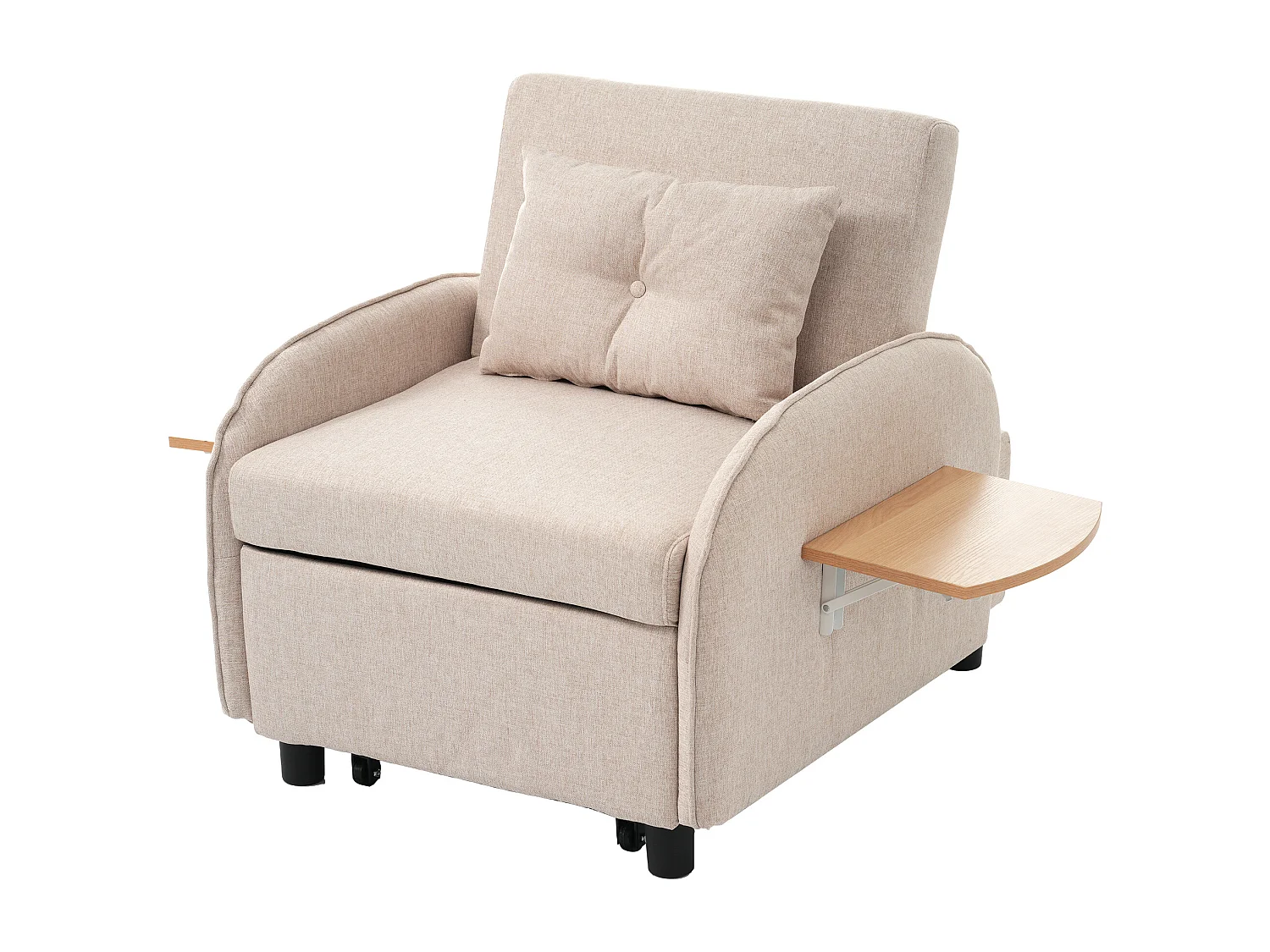 Canapé convertible 1 place avec table pliable - 123 (73) x 78 x 167 cm - Tissu en lin - Beige