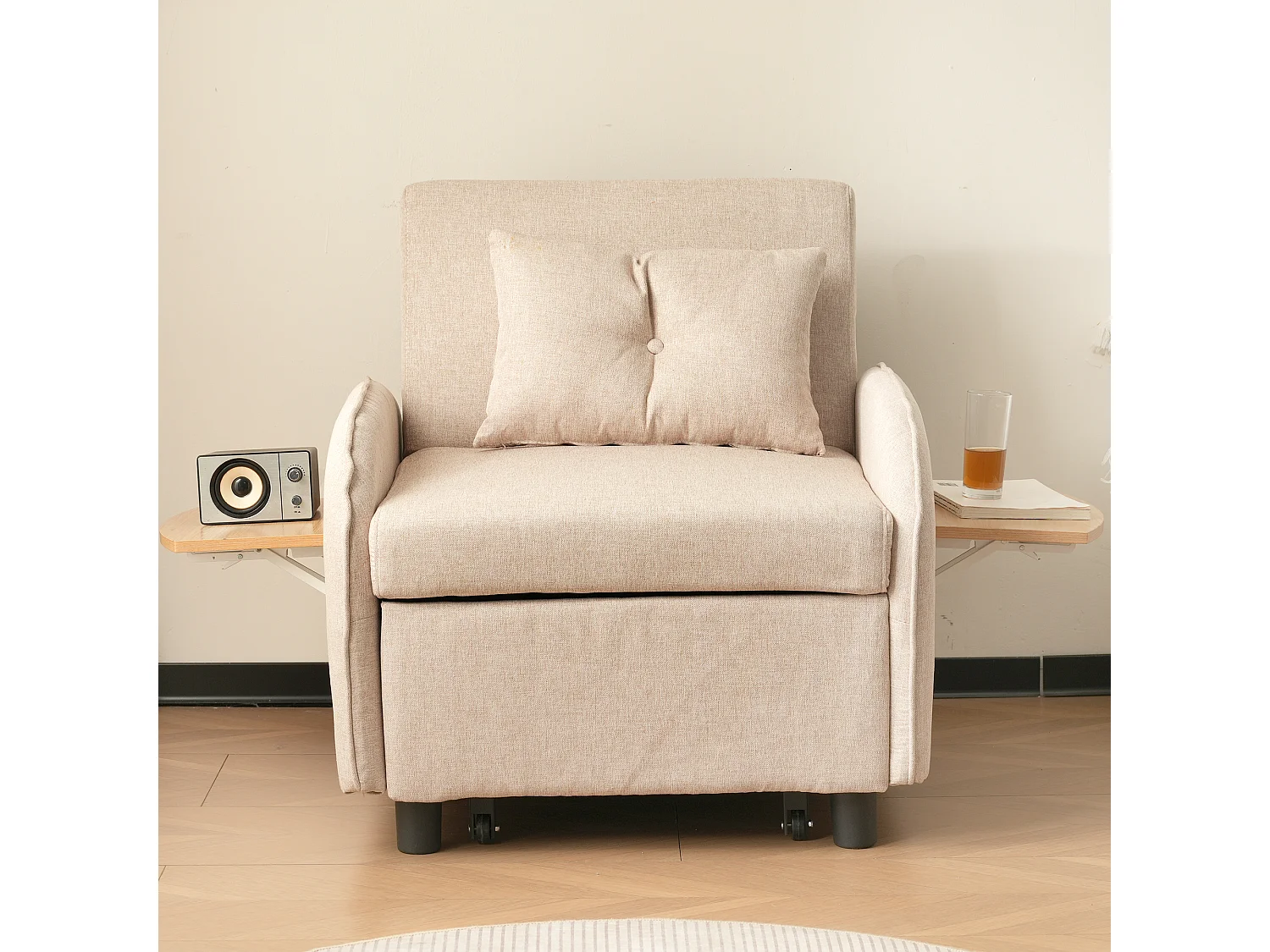 Canapé convertible 1 place avec table pliable - 123 (73) x 78 x 167 cm - Tissu en lin - Beige