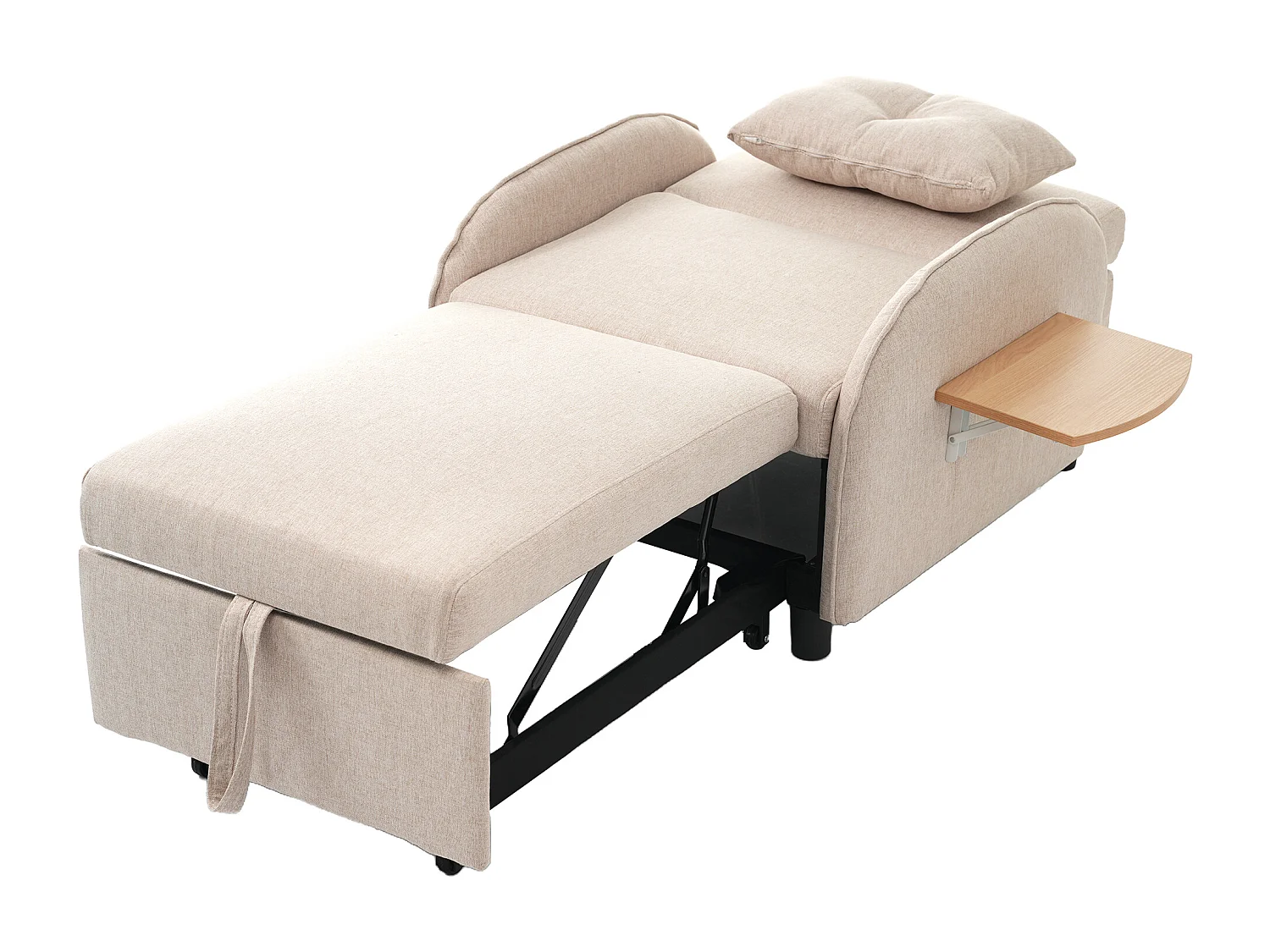 Canapé convertible 1 place avec table pliable - 123 (73) x 78 x 167 cm - Tissu en lin - Beige