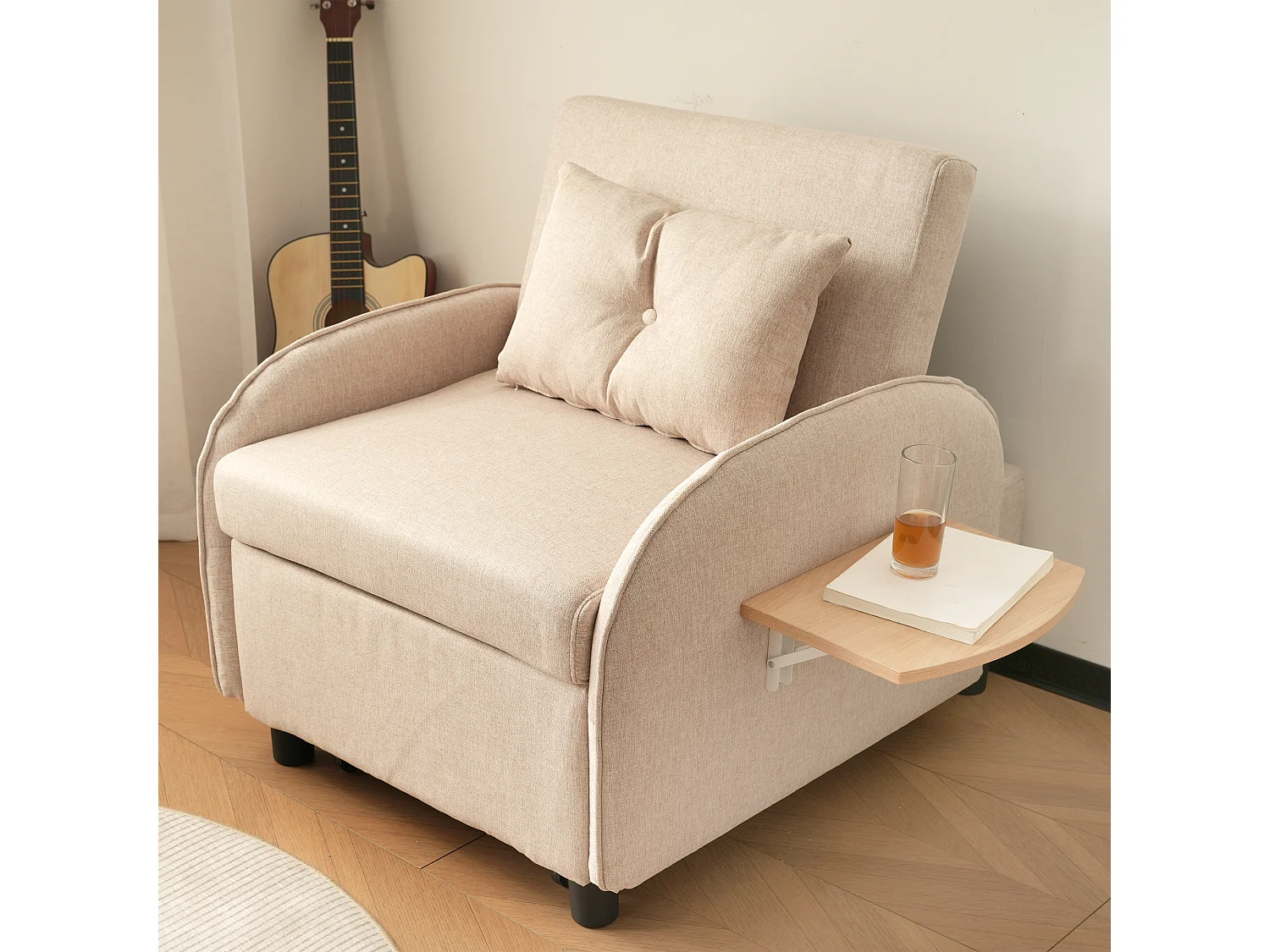 Canapé convertible 1 place avec table pliable - 123 (73) x 78 x 167 cm - Tissu en lin - Beige