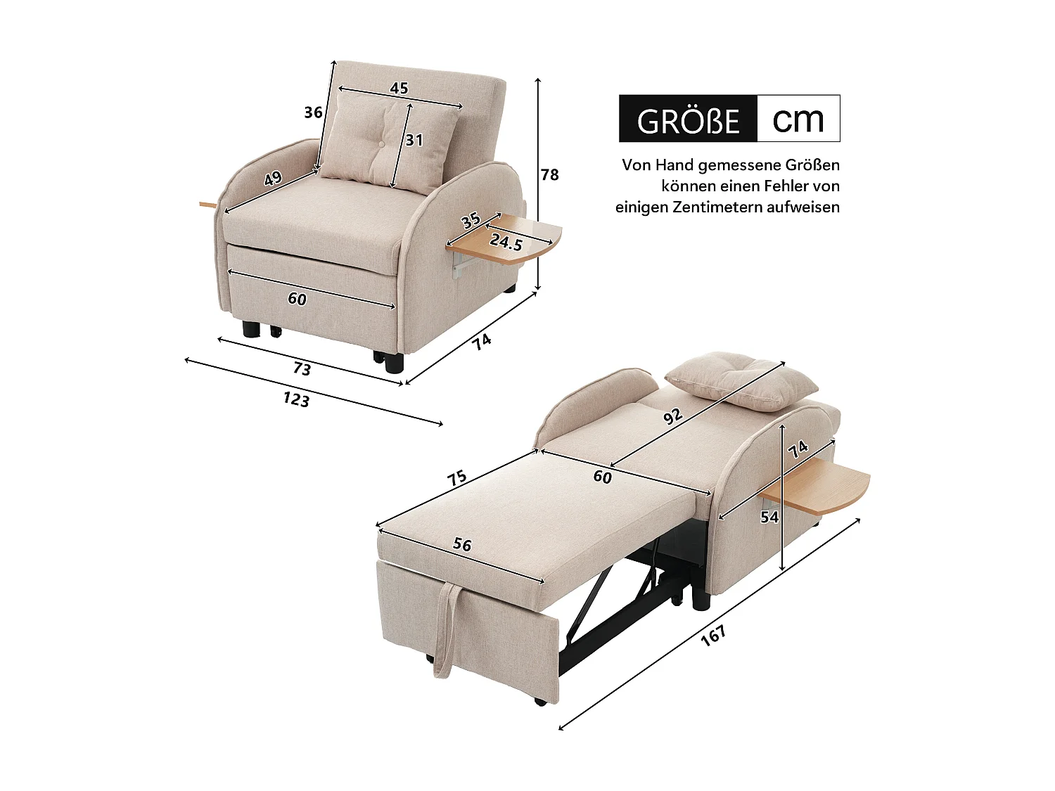 Canapé convertible 1 place avec table pliable - 123 (73) x 78 x 167 cm - Tissu en lin - Beige