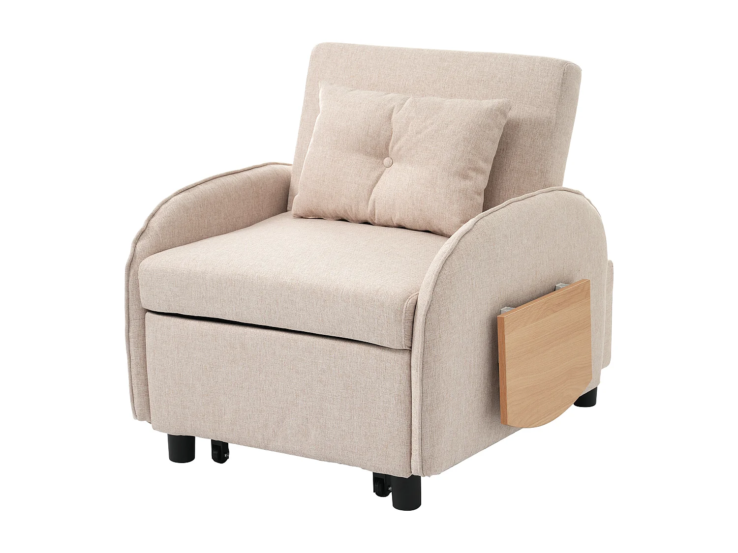 Canapé convertible 1 place avec table pliable - 123 (73) x 78 x 167 cm - Tissu en lin - Beige