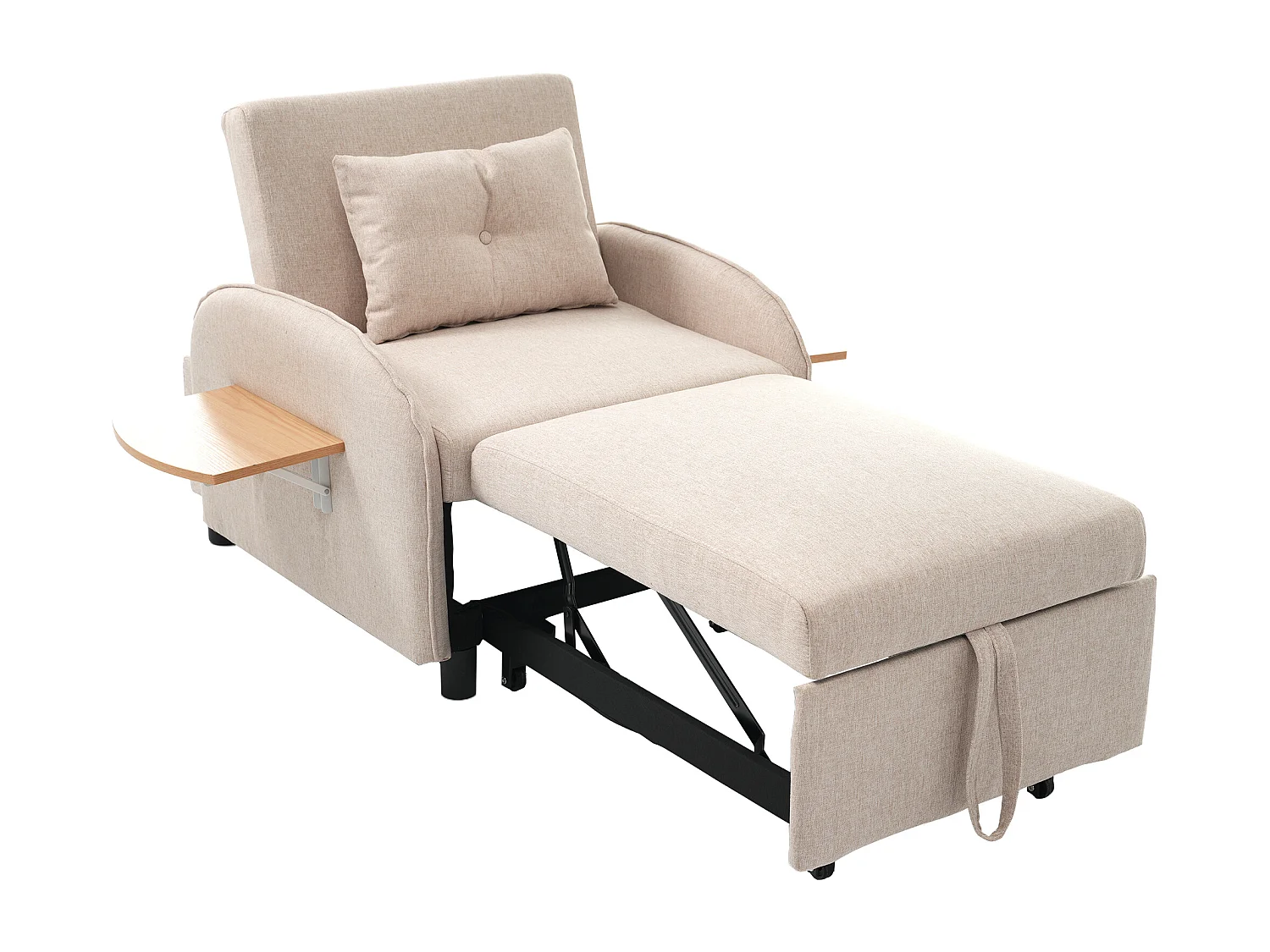 Canapé convertible 1 place avec table pliable - 123 (73) x 78 x 167 cm - Tissu en lin - Beige
