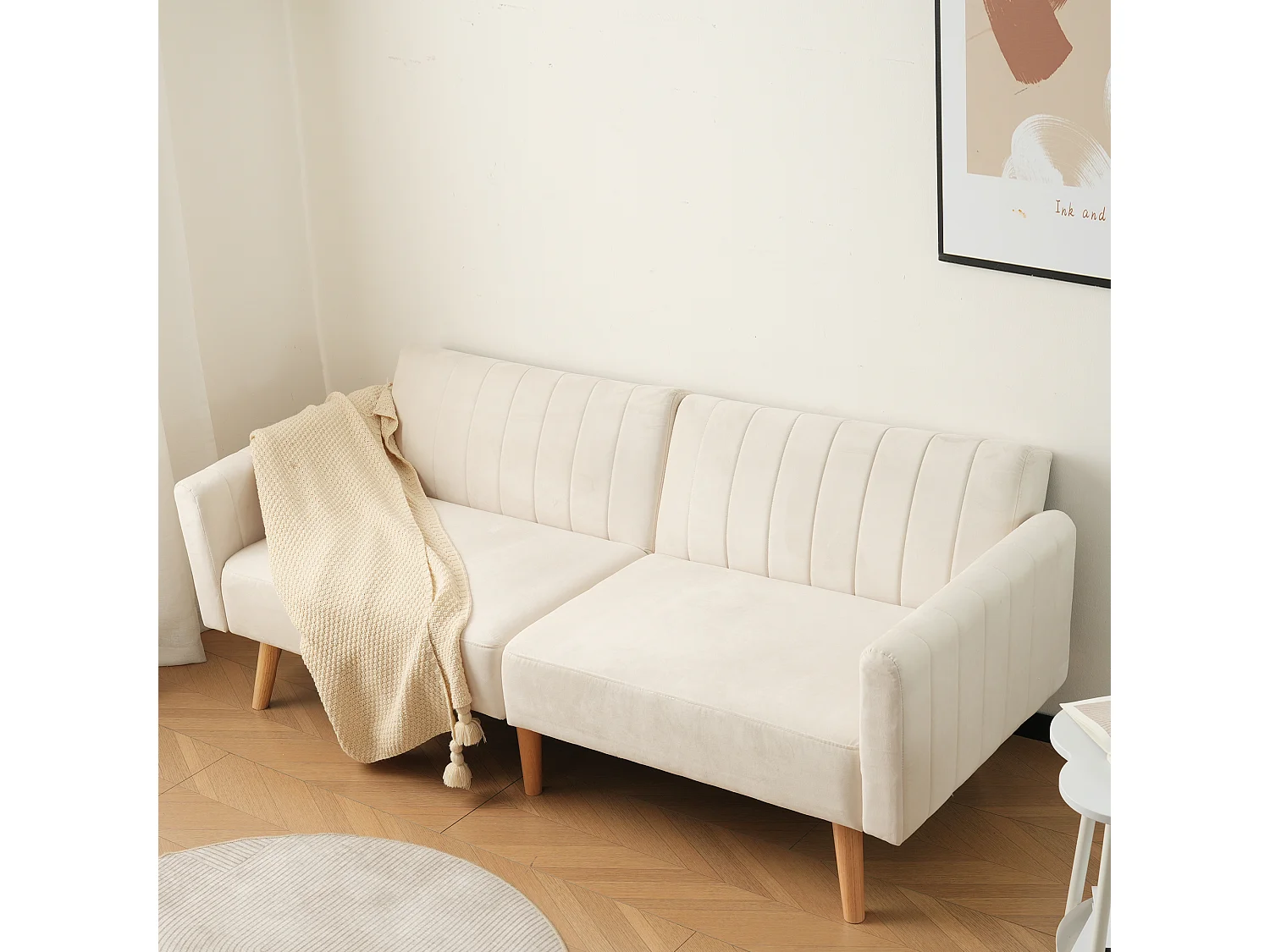 2-zits slaapbank met klik-klak in fluweel - 178 x 78 x 68 cm - Rubberhouten poten - Beige