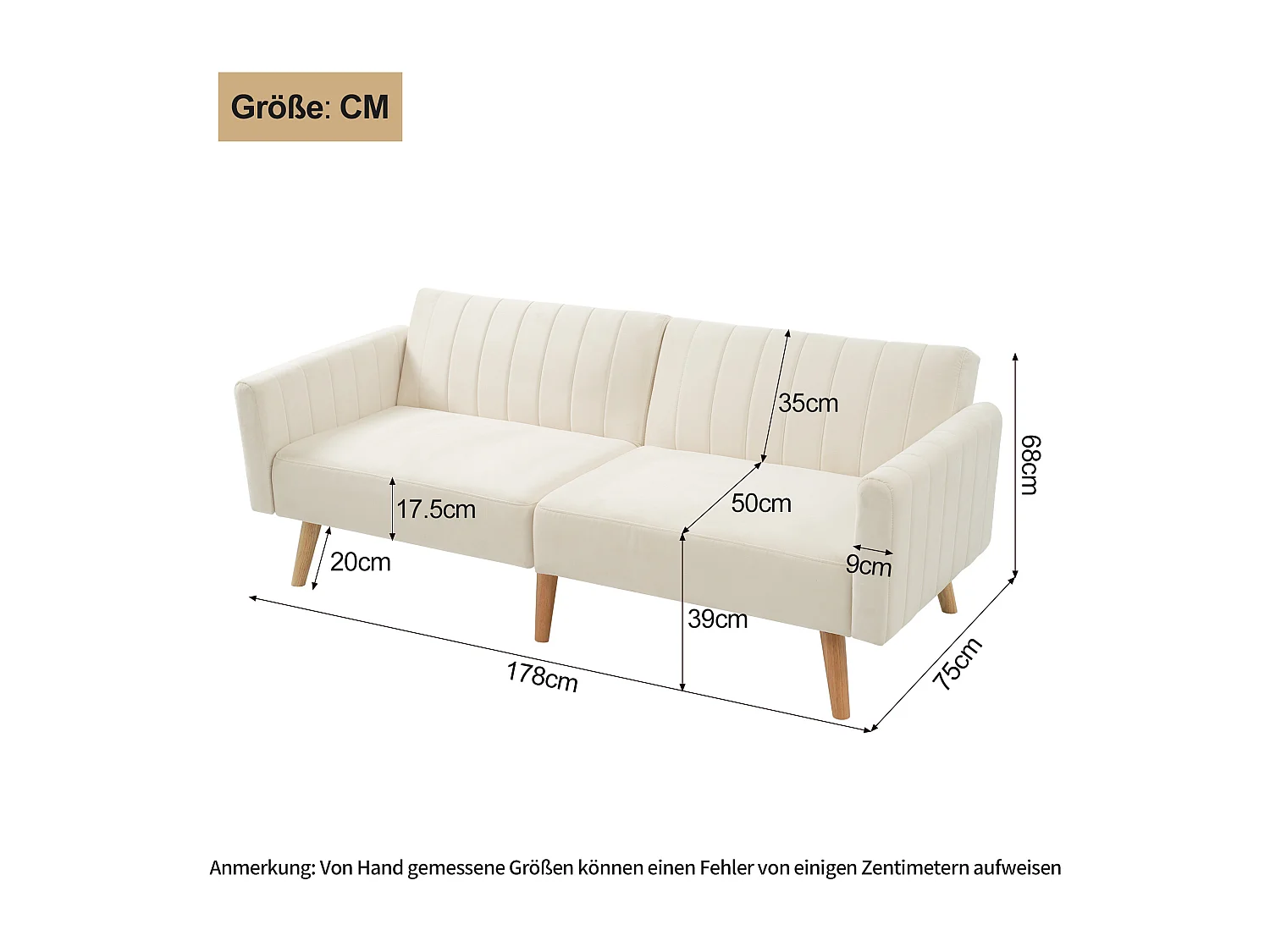 2-zits slaapbank met klik-klak in fluweel - 178 x 78 x 68 cm - Rubberhouten poten - Beige