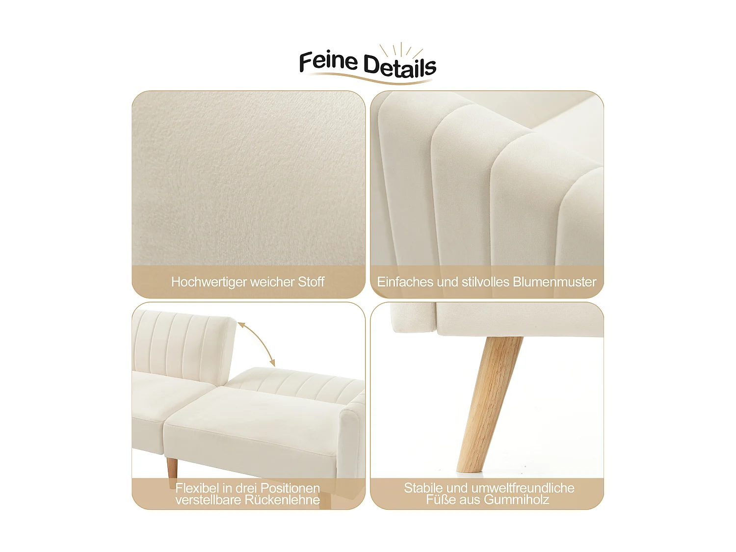 2-zits slaapbank met klik-klak in fluweel - 178 x 78 x 68 cm - Rubberhouten poten - Beige