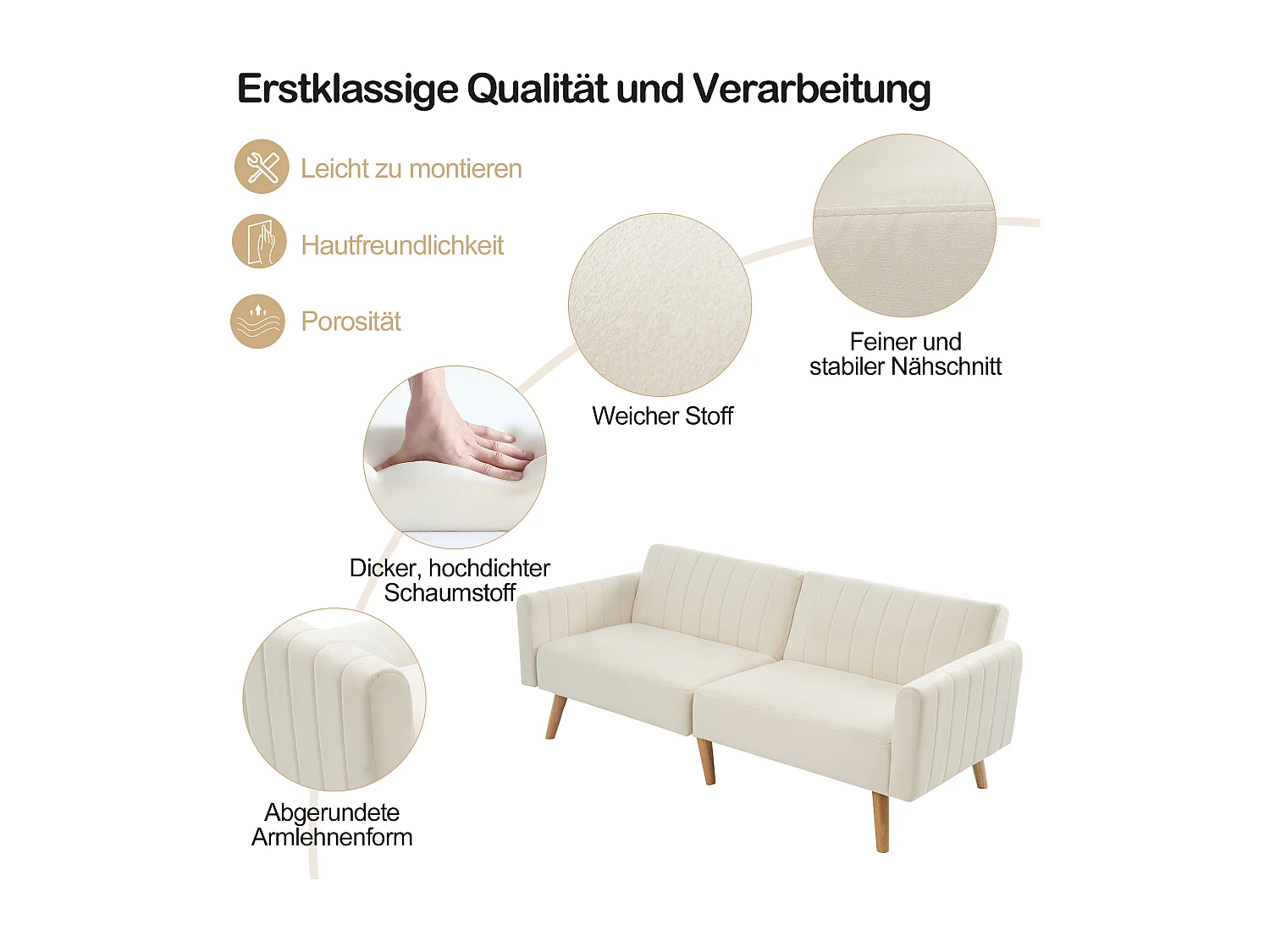 2-zits slaapbank met klik-klak in fluweel - 178 x 78 x 68 cm - Rubberhouten poten - Beige
