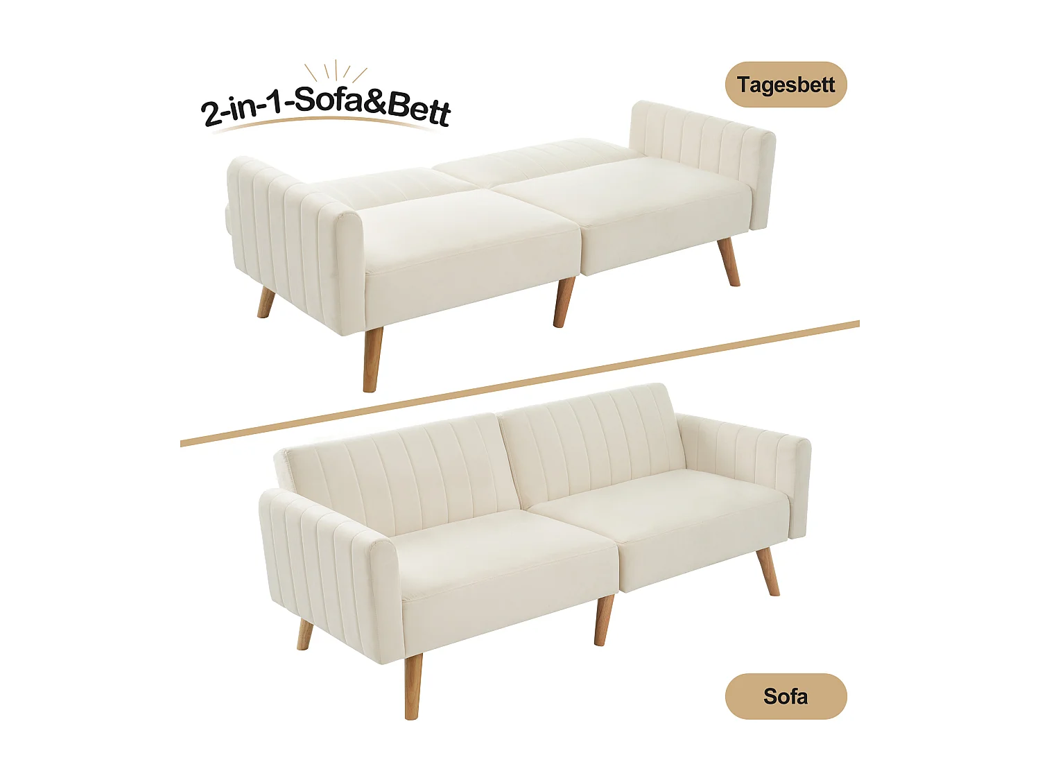 2-zits slaapbank met klik-klak in fluweel - 178 x 78 x 68 cm - Rubberhouten poten - Beige