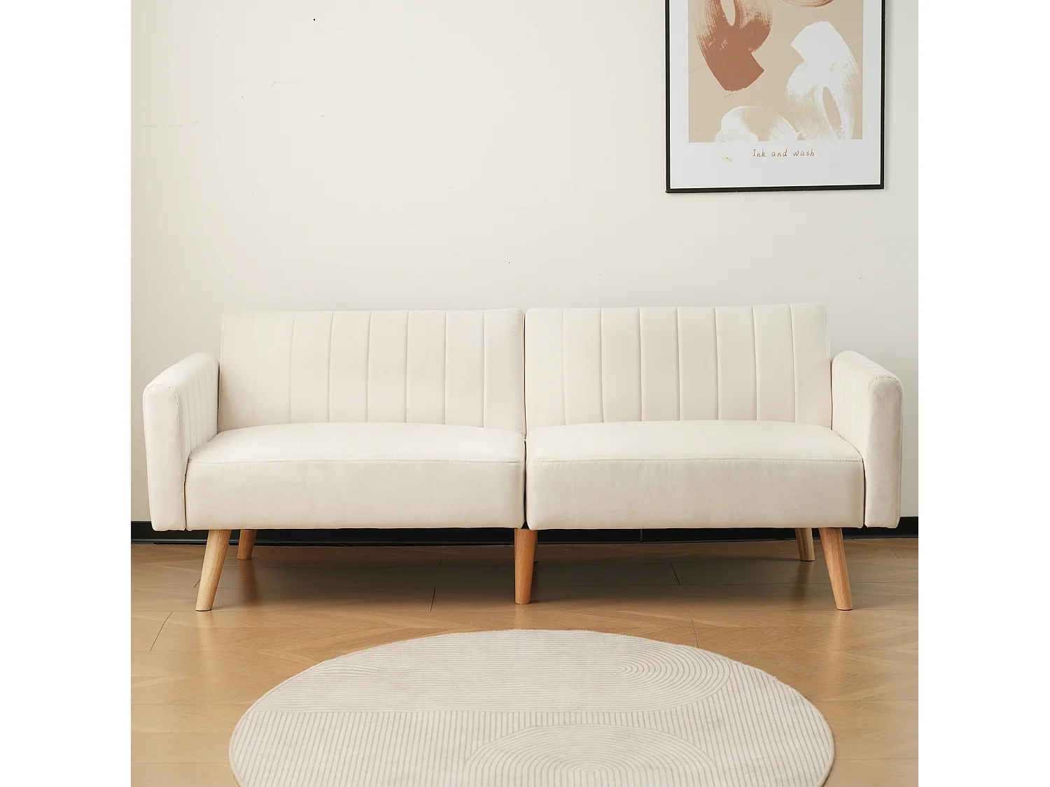 2-zits slaapbank met klik-klak in fluweel - 178 x 78 x 68 cm - Rubberhouten poten - Beige