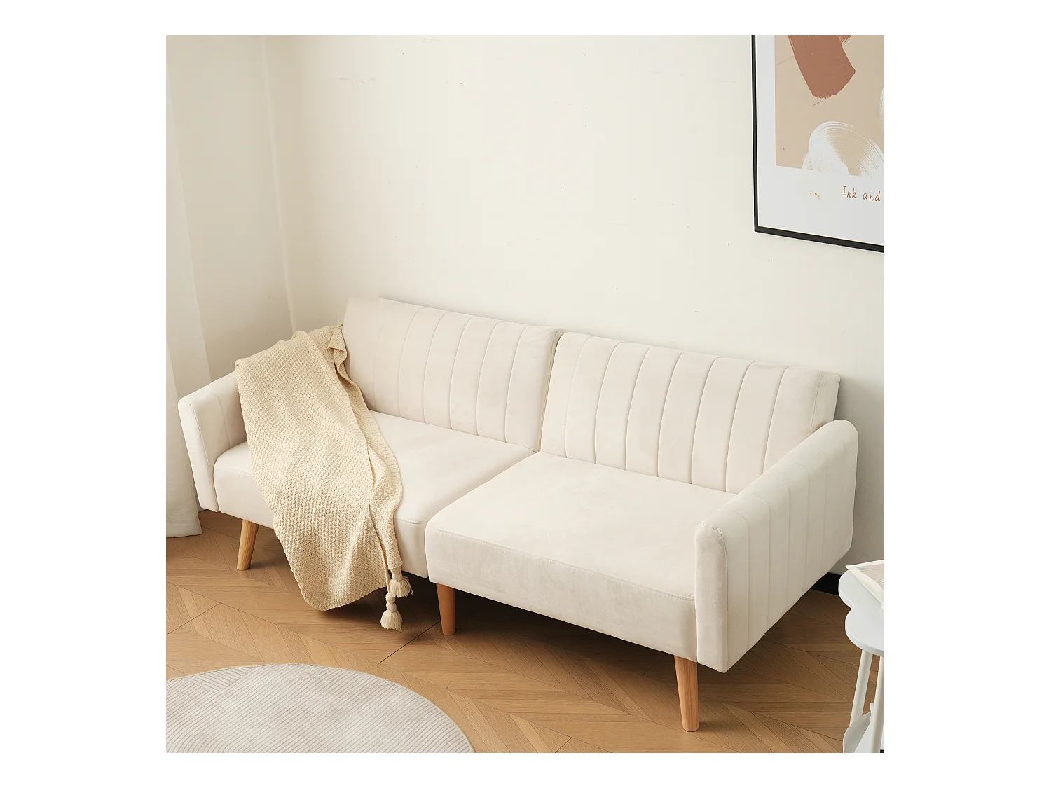 2-zits slaapbank met klik-klak in fluweel - 178 x 78 x 68 cm - Rubberhouten poten - Beige