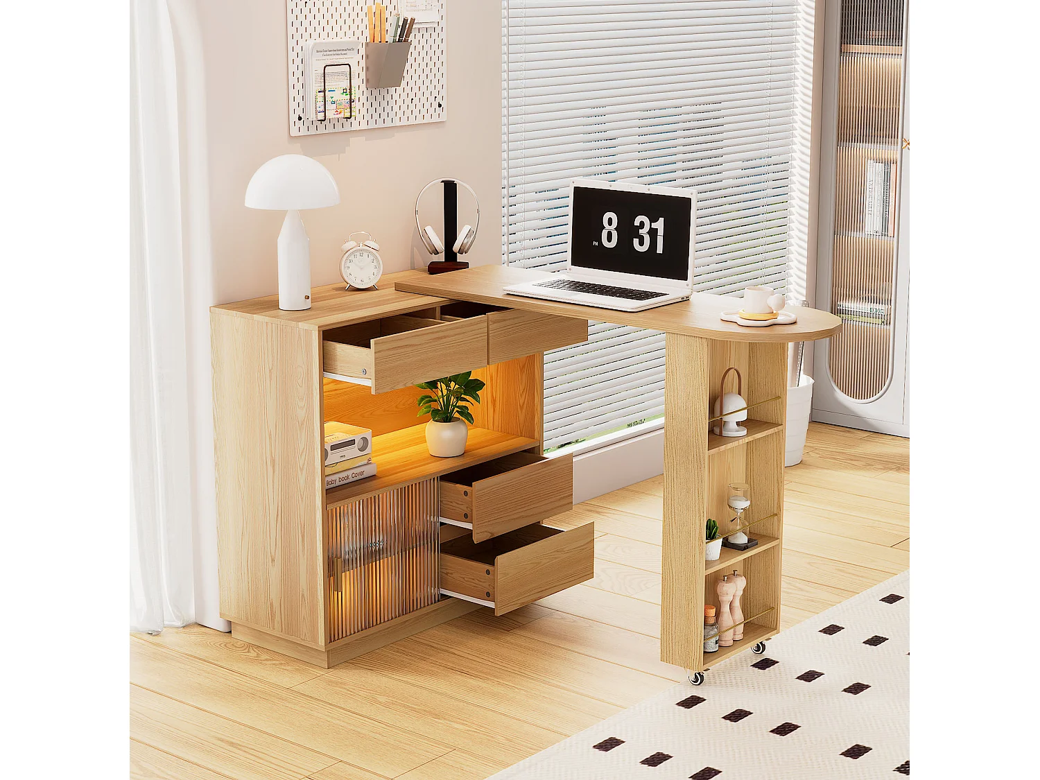 Armário de bar extensível, mesa de canto - 4 gavetas, 1 porta e prateleiras - Madeira MDF - Natural