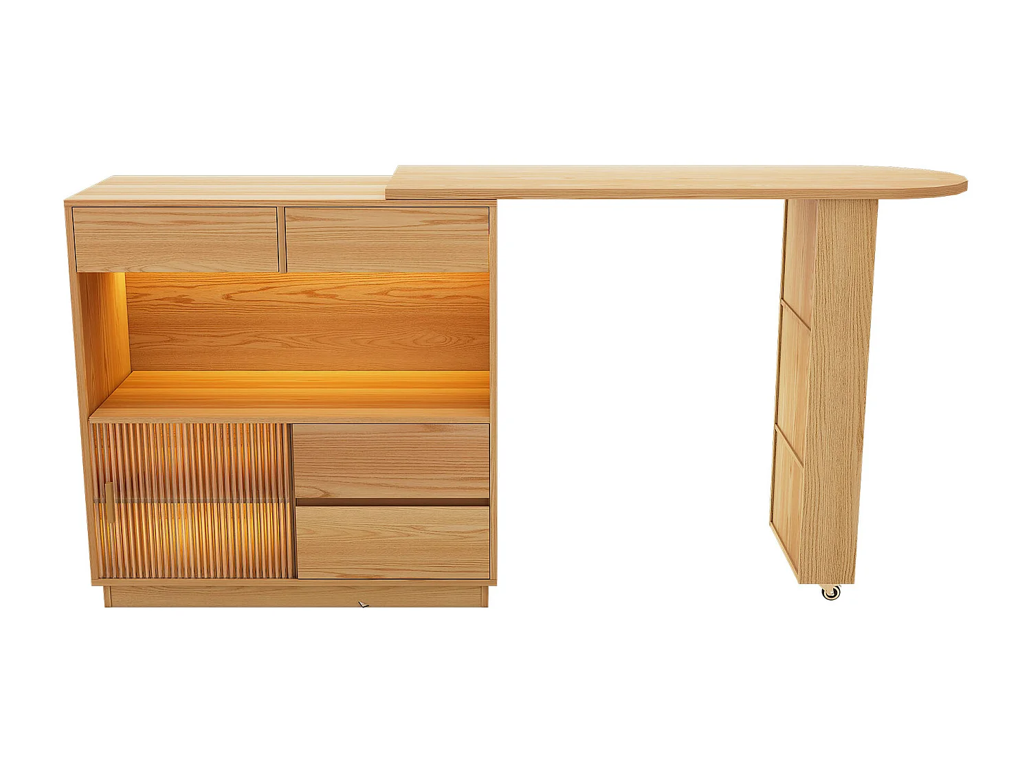 Armário de bar extensível, mesa de canto - 4 gavetas, 1 porta e prateleiras - Madeira MDF - Natural