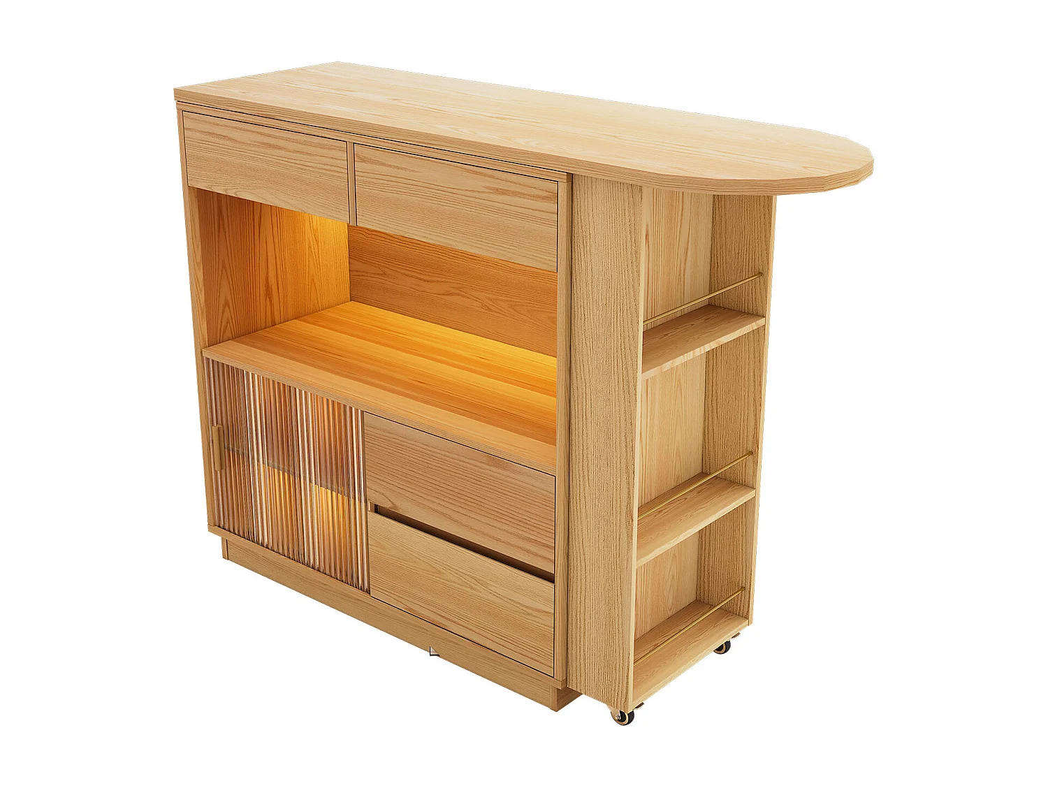 Armário de bar extensível, mesa de canto - 4 gavetas, 1 porta e prateleiras - Madeira MDF - Natural